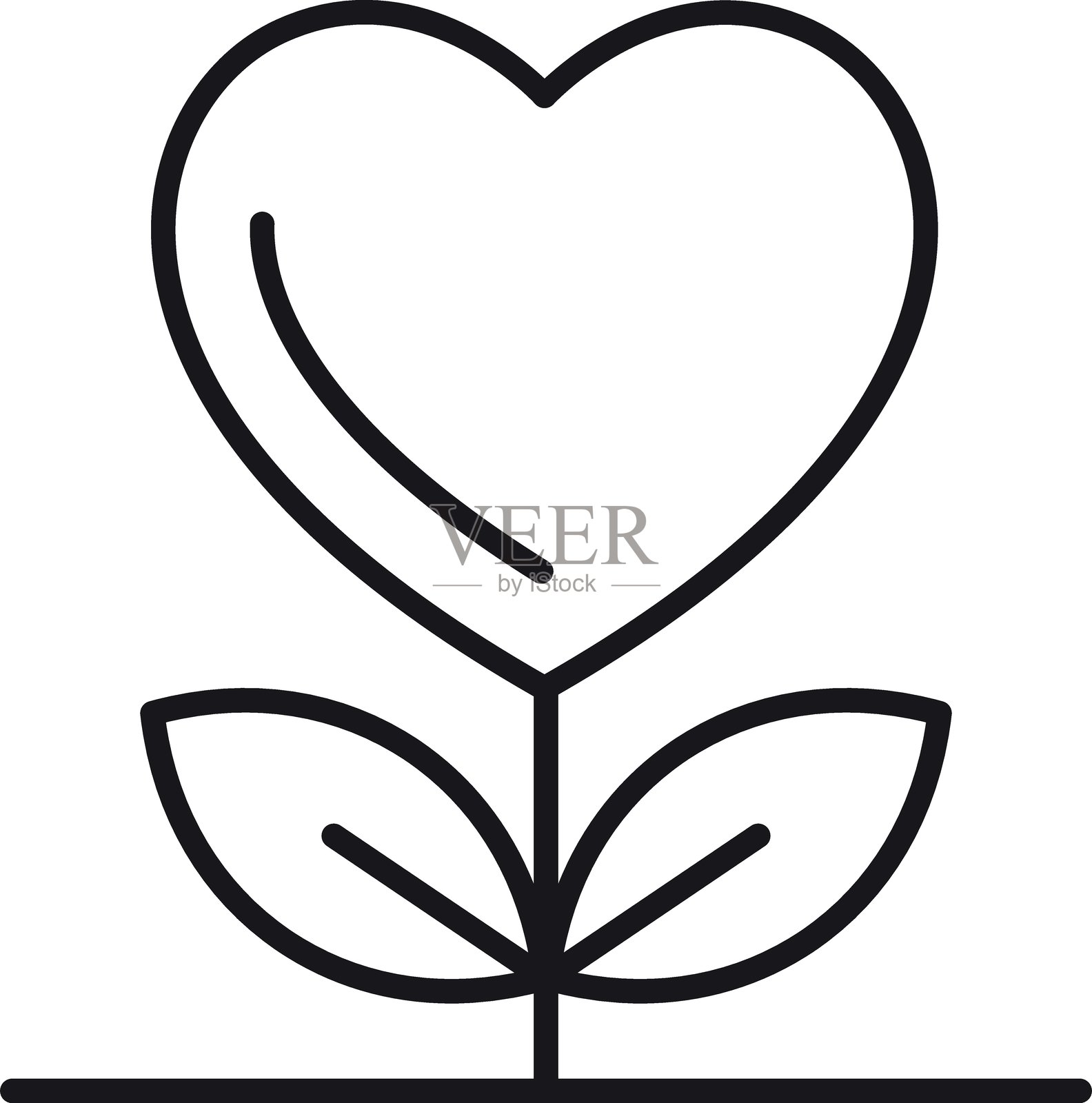 心形花朵，底部有两片叶子，采用细线风格。插画图片素材