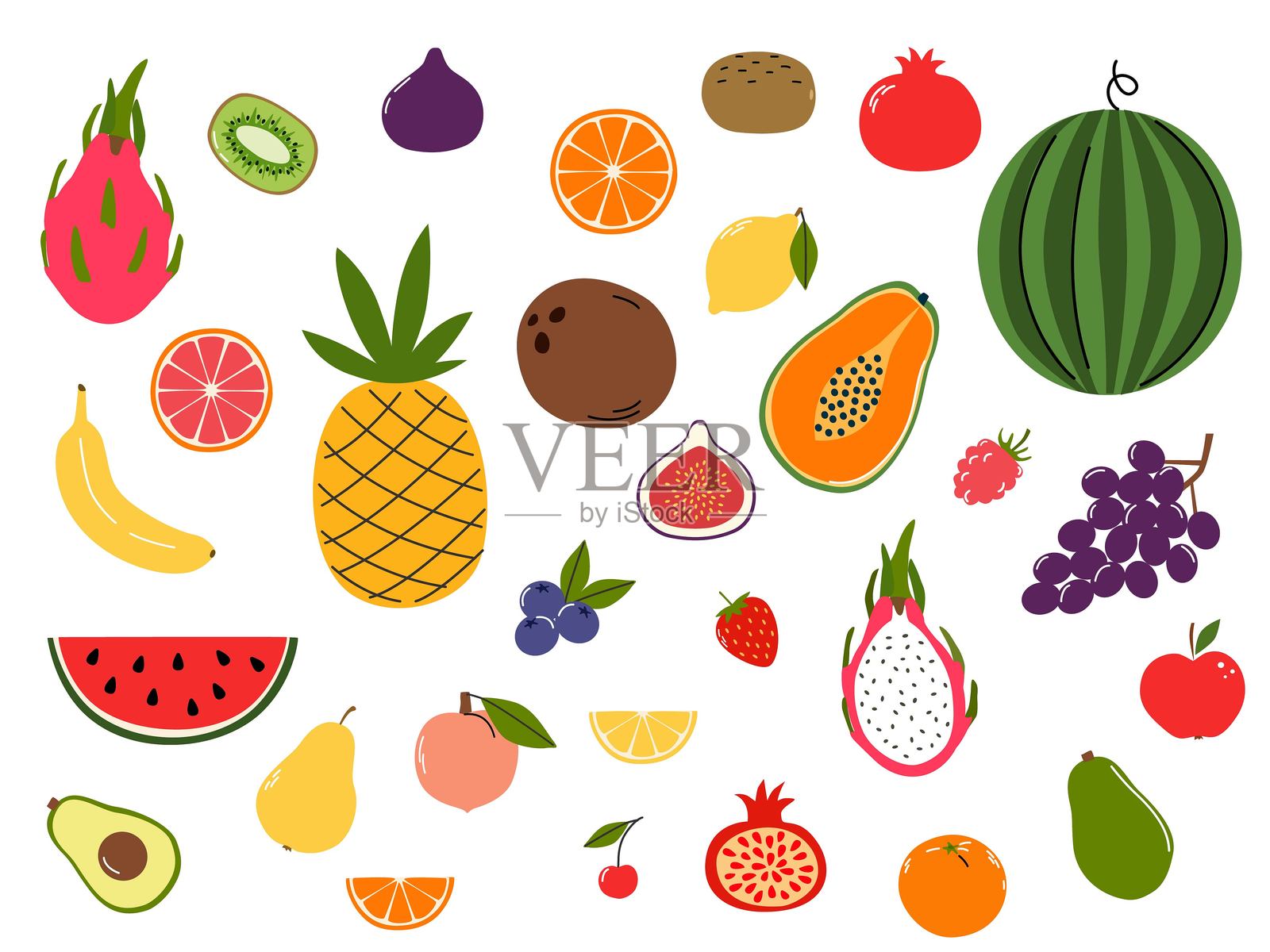 水果元素设计集。扁平风格插图。插画图片素材