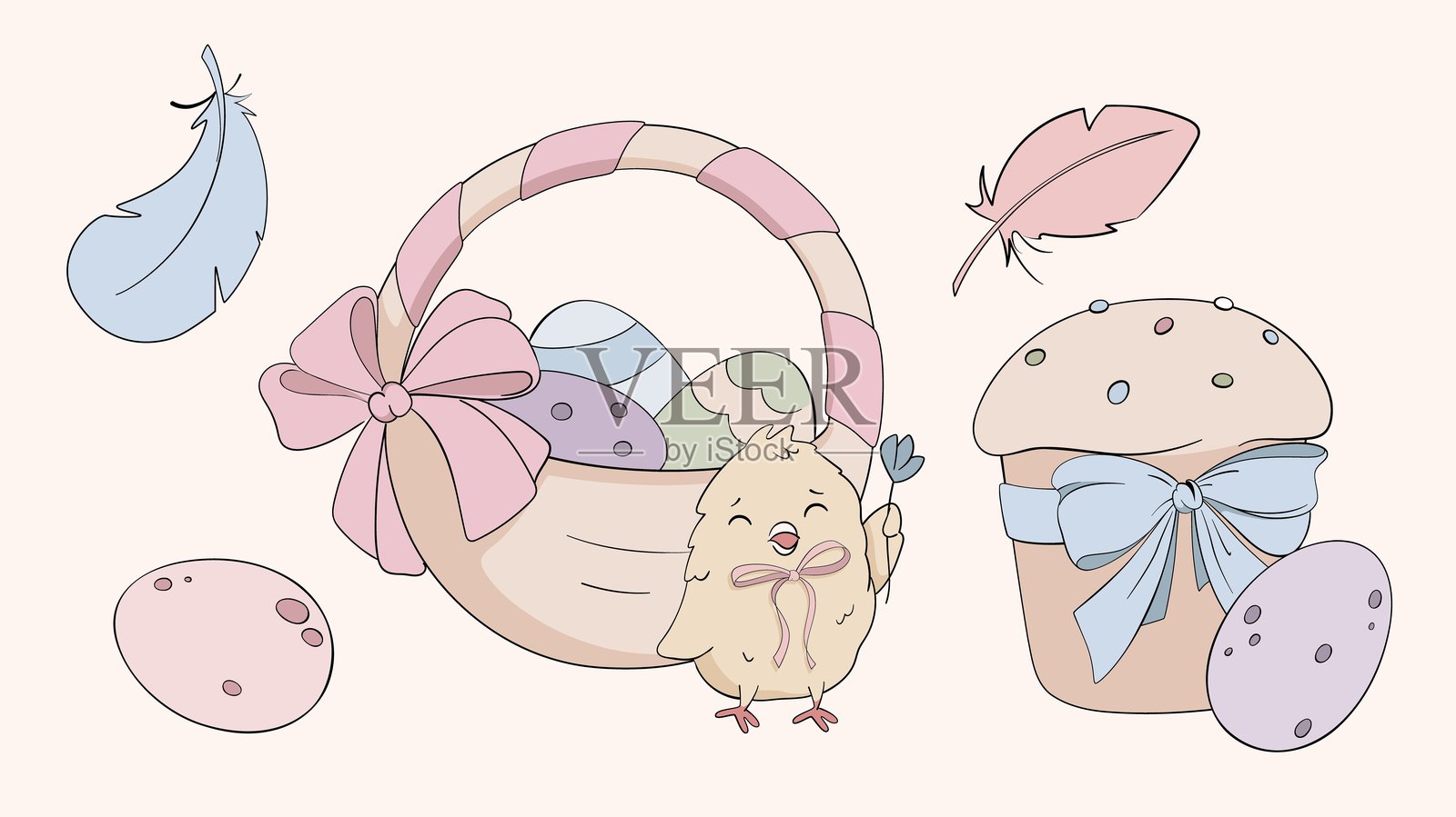 装满五彩复活节彩蛋和美丽花朵的复活节篮子。手绘的淡色篮子带有蝴蝶结。插画图片素材