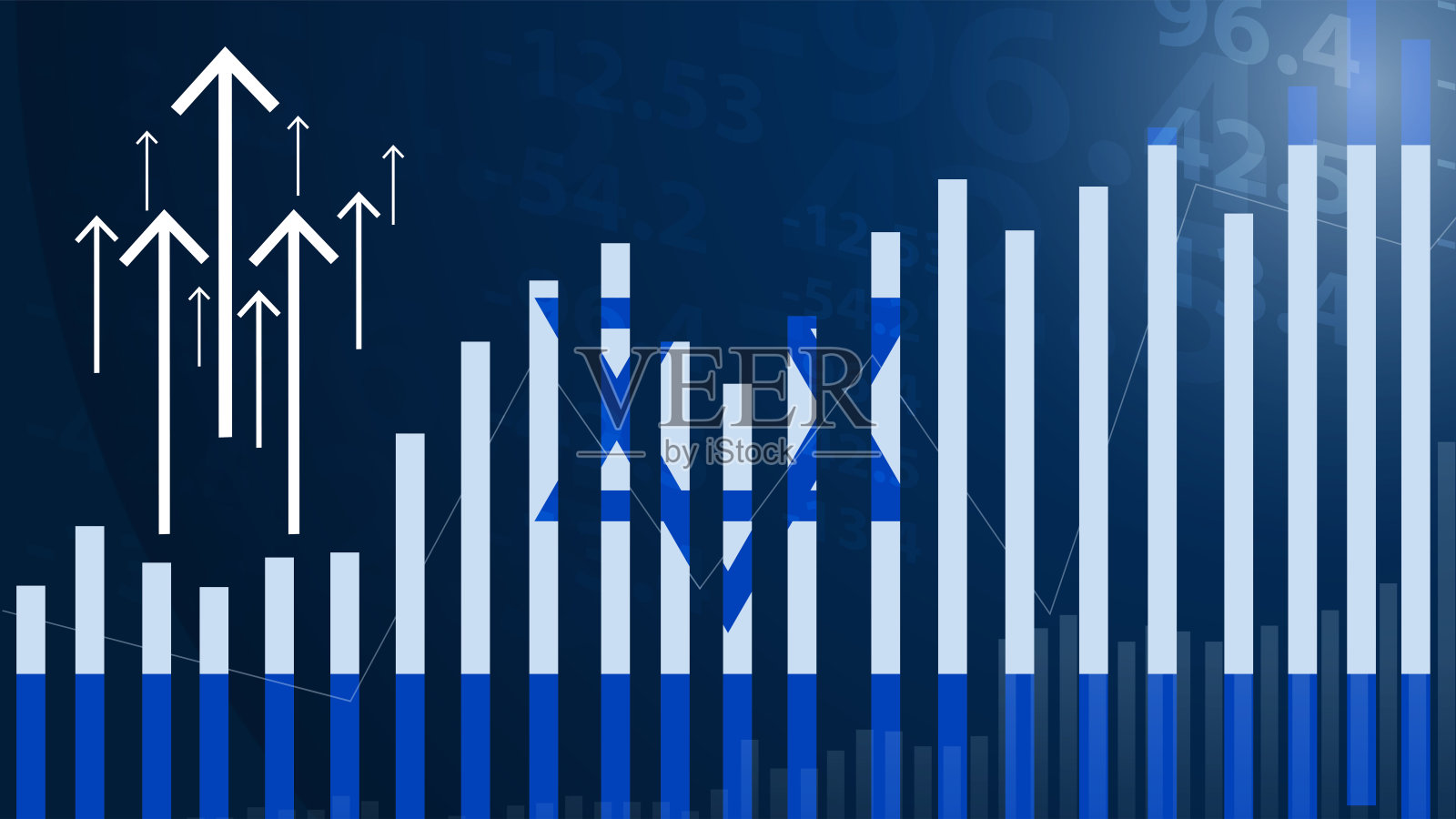 以色列国旗与下降值的柱状图，经济危机、政治冲突、战争的概念。股票图表下跌，经济衰退。手持国旗的剪影作为背景。插画图片素材