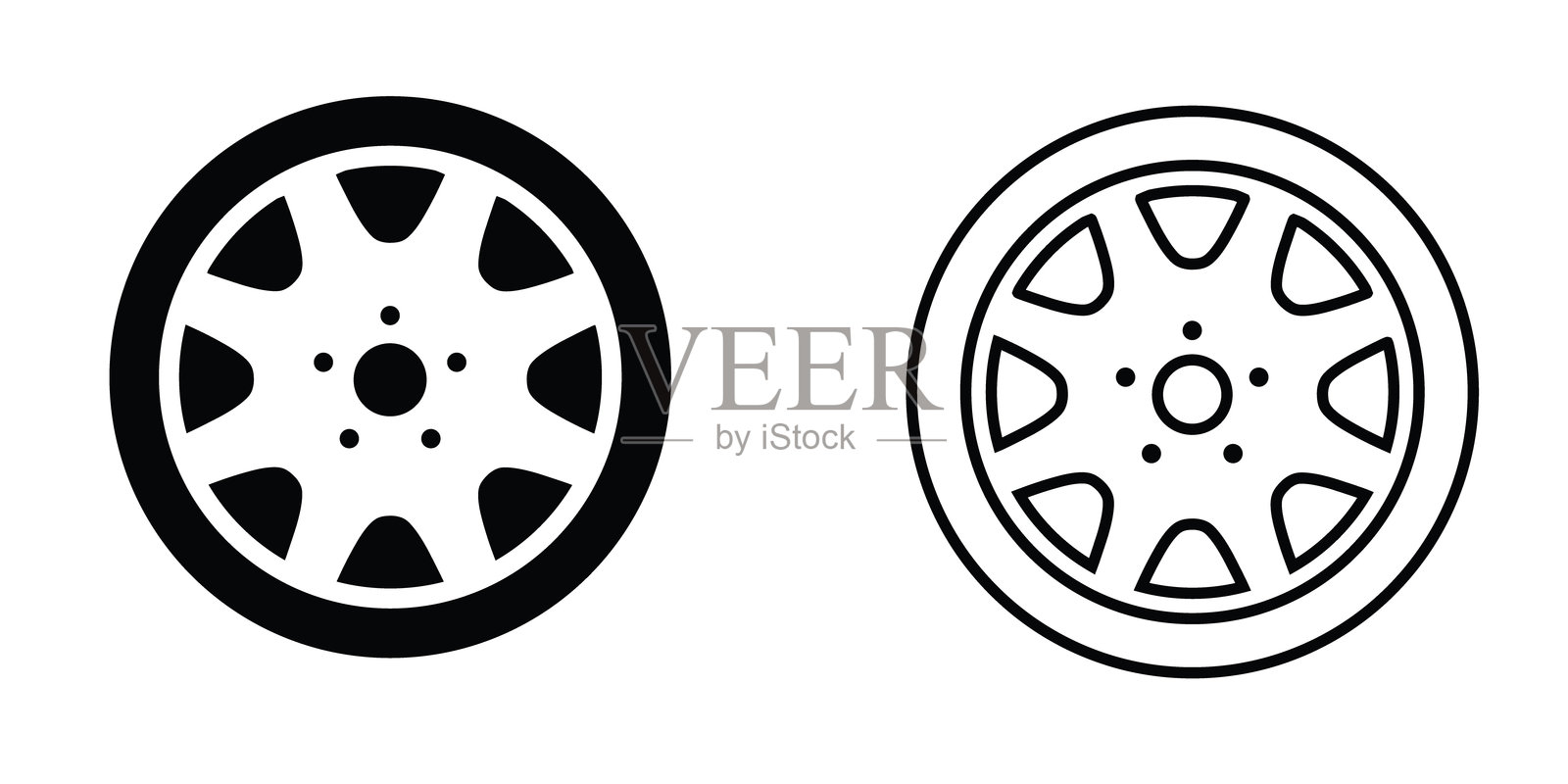 轮子设计展示了一个实心形状和一个轮廓图以便进行视觉比较插画图片素材