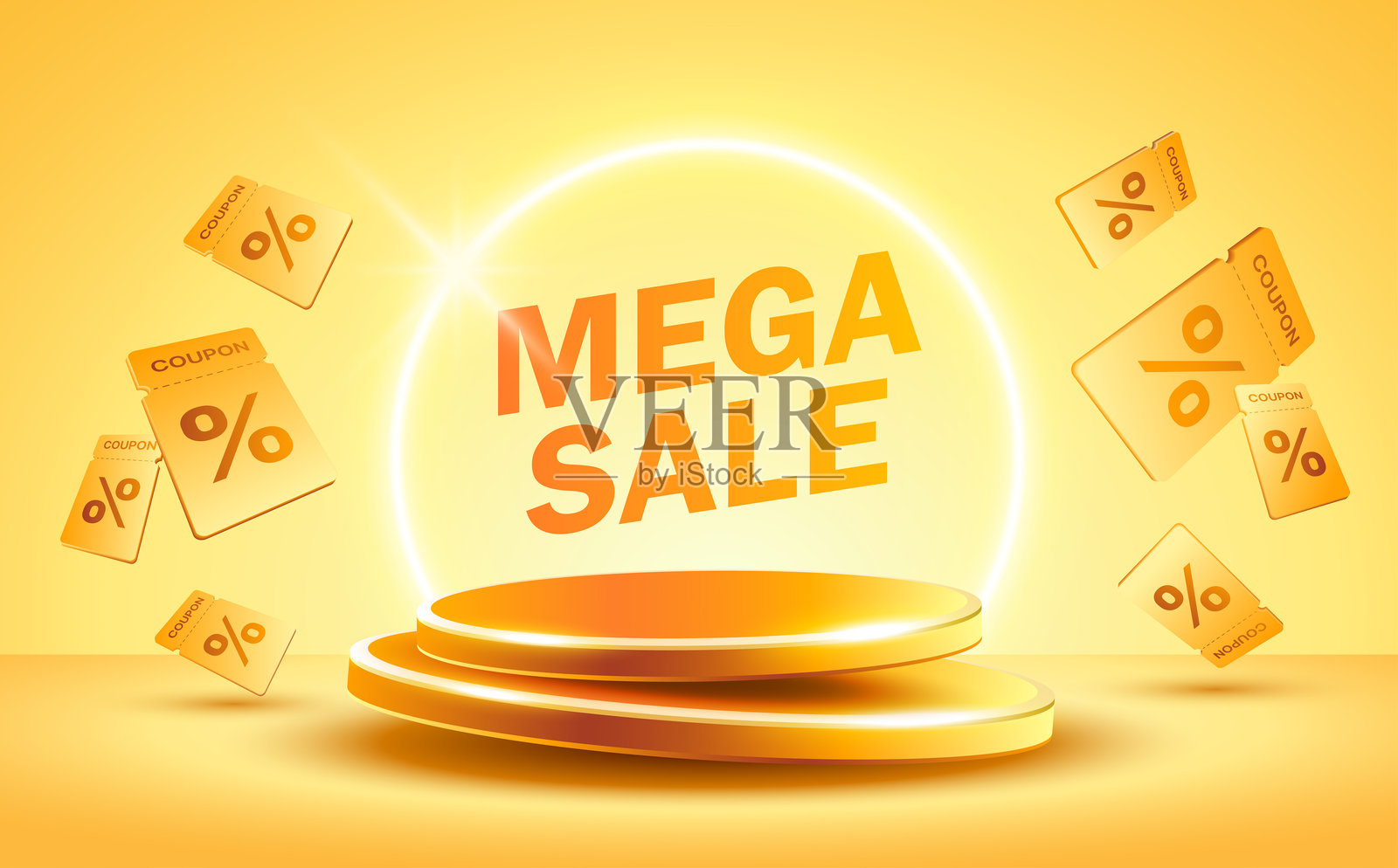 3D闪购横幅模板，周围有无限优惠券飞舞，背景为黄色，舞台或讲台上独立展示。3D折扣横幅的矢量插图。插画图片素材