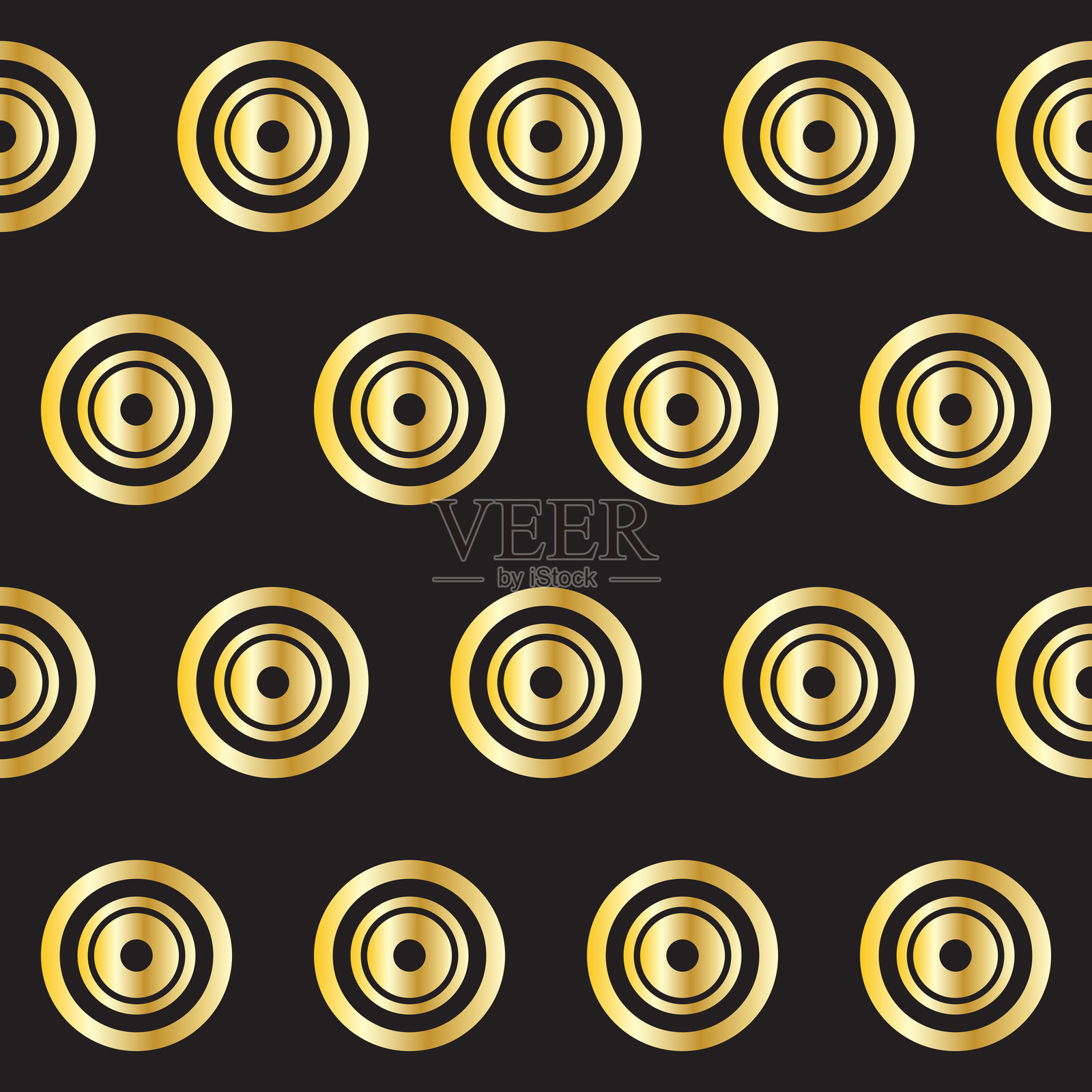 金色圆形无缝图案。复古金色渐变纺织纹理圆形几何形状。复古风格的面料装饰元素轮廓。金色框按钮形状符号。插画图片素材