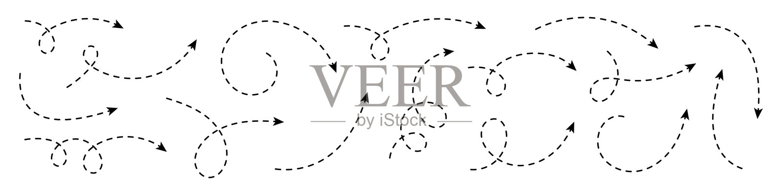 曲线箭头集合，带虚线。用于导航、方向、流程可视化和图形设计的极简元素。插画图片素材