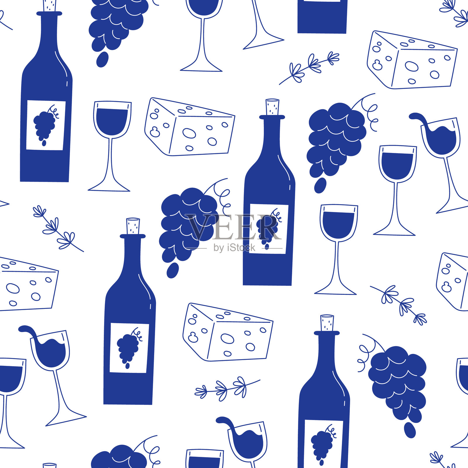 无缝图案的酒瓶、奶酪、酒杯和葡萄，扁平风格插画图片素材
