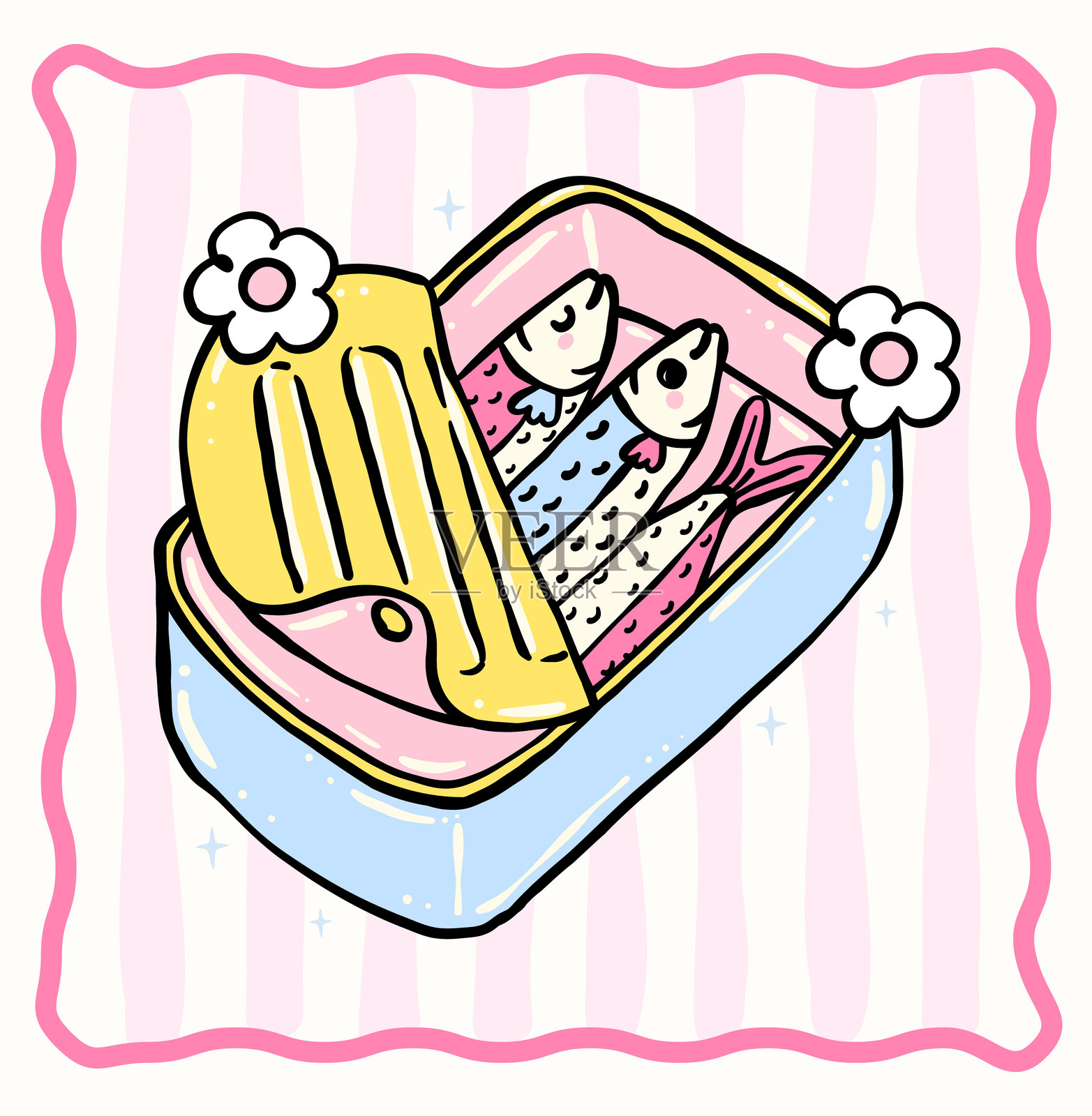 可爱的粉彩沙丁鱼罐头，法式渔夫风格，奇幻手绘涂鸦套装，适用于T恤升华、贴纸和墙面艺术插画图片素材