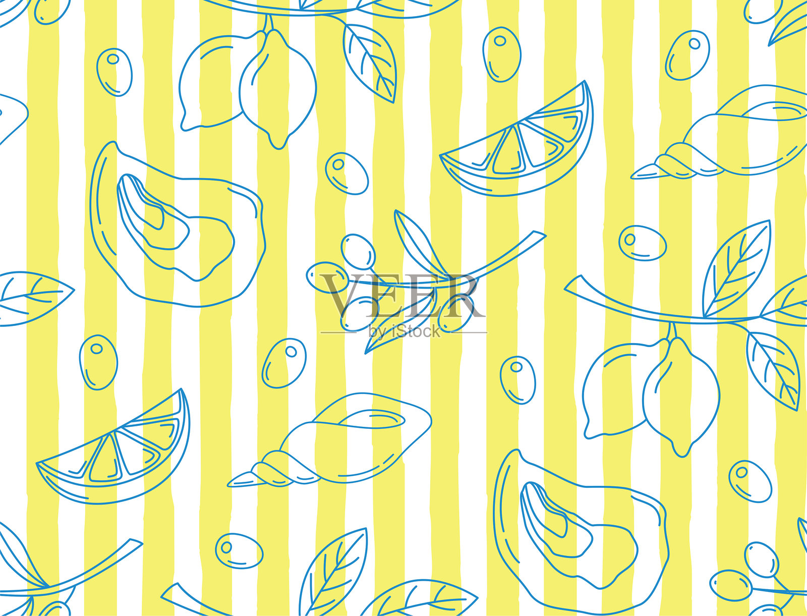 夏季无缝图案，包含柠檬、橄榄和海贝壳插画图片素材