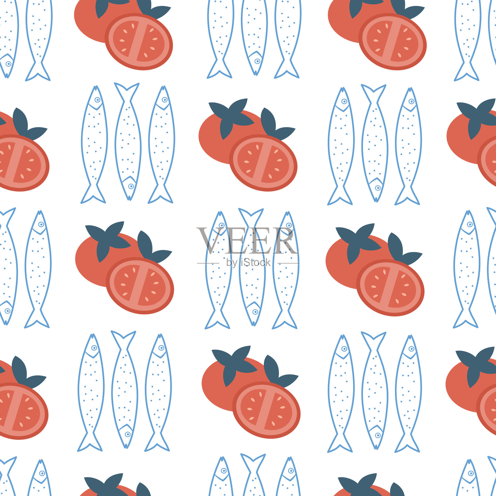 可爱的手绘夏季无缝矢量图案背景插图，包含红色番茄和蓝色沙丁鱼插画图片素材
