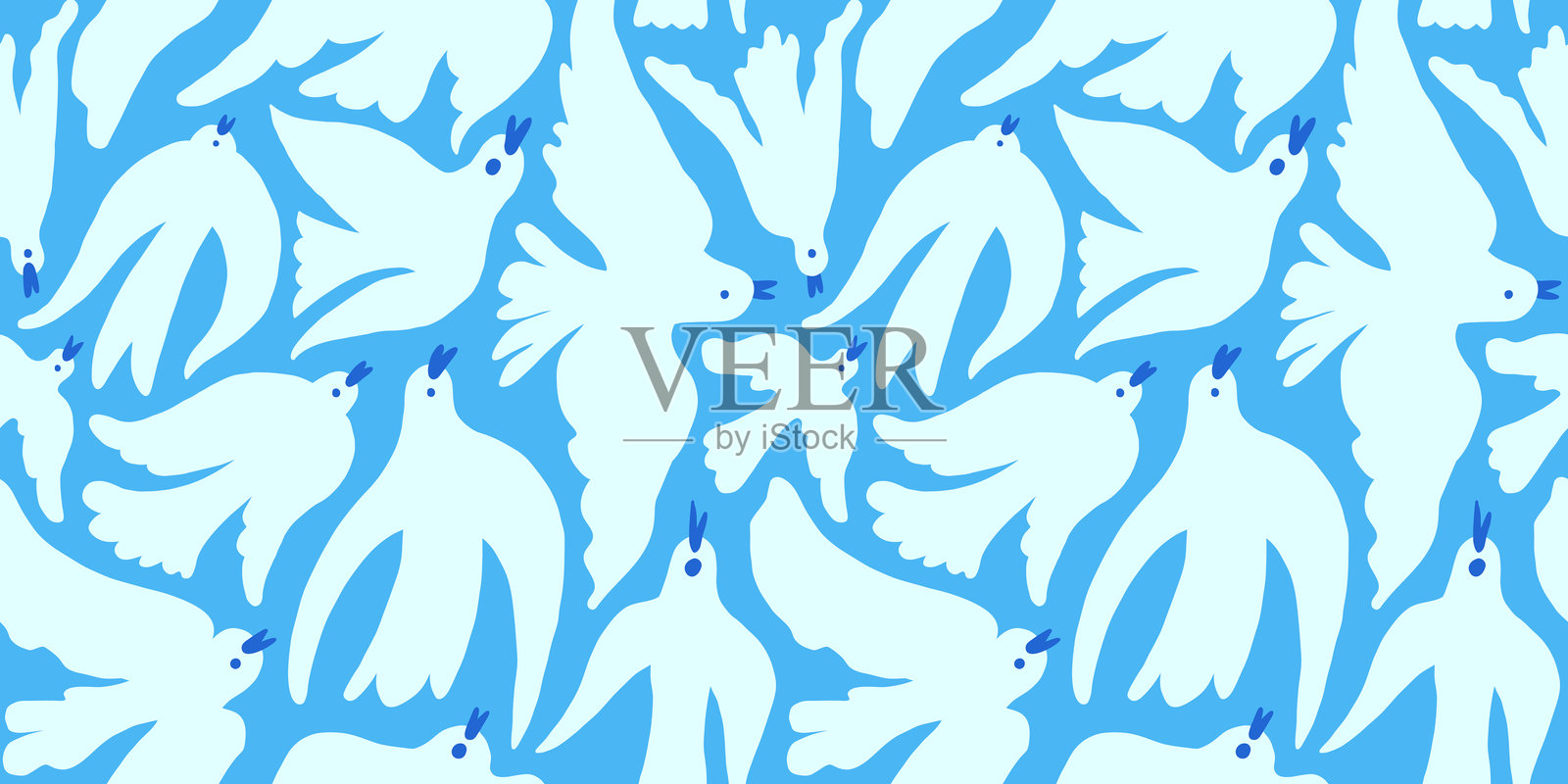 现代艺术印刷元素，简单波浪和俏皮的天真风格，无缝图案中有鸟儿在天空中飞翔插画图片素材