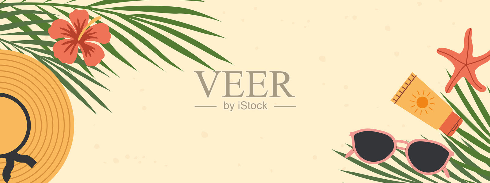 夏季横幅，配有热带海滩和太阳镜、防晒霜、海星、草帽、夏威夷木槿花；非常适合度假主题图形、旅游推广或季节性营销材料。插画图片素材