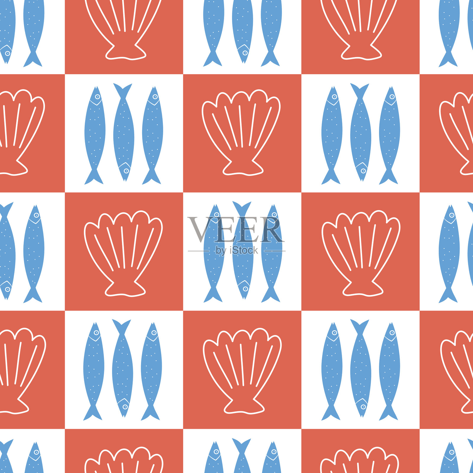 可爱的手绘夏季格子无缝矢量图案背景插图，带有红色海贝和蓝色沙丁鱼插画图片素材