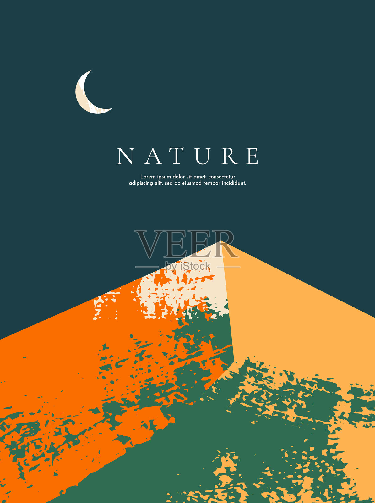 矢量插图。抽象几何风景背景。画笔笔触绘画。复古艺术风格。海报、封面、杂志、明信片、传单、宣传册的设计元素。夏季概念。插画图片素材