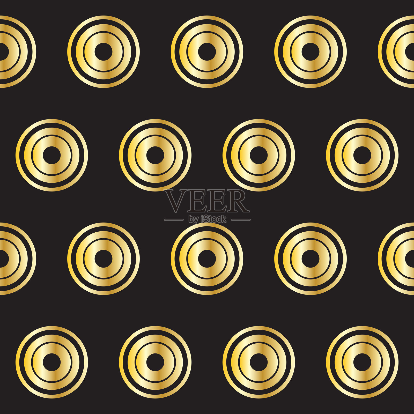 金色圆形无缝图案。复古金色渐变纺织纹理圆形几何形状。复古风格的面料装饰元素轮廓。金色框按钮形状符号。插画图片素材