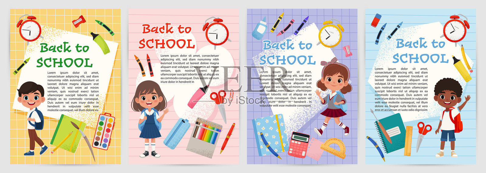 可爱的孩子和学习用品的返校宣传单或海报。扁平风格的矢量插图。插画图片素材