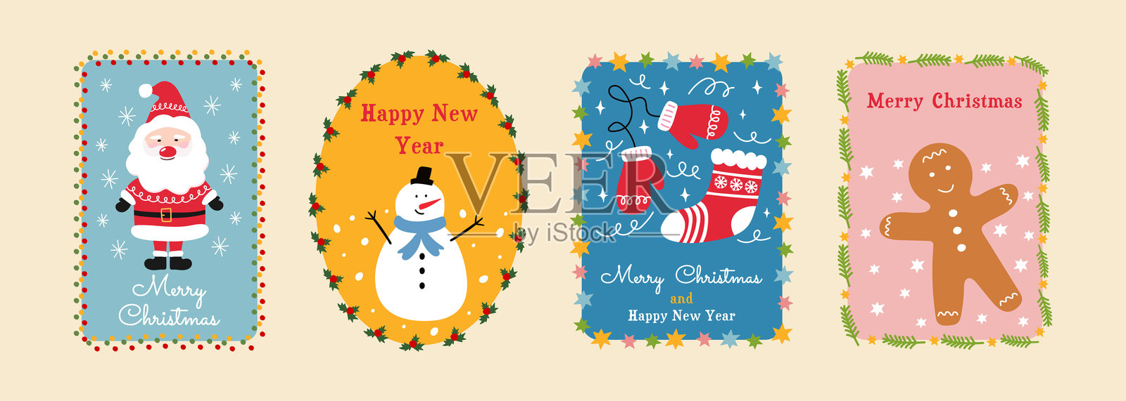 圣诞节和新年贺卡套装，包含圣诞老人、雪人、手套和姜饼人。插画图片素材