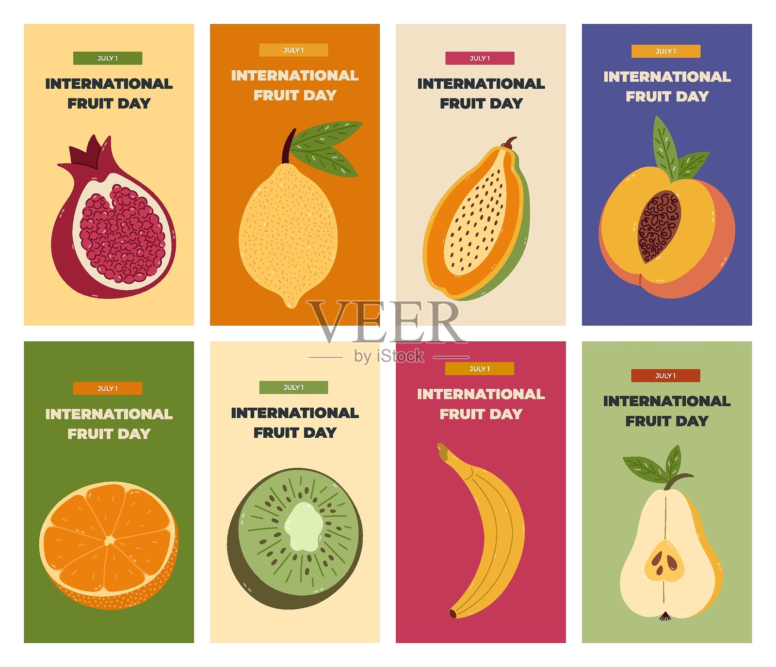国际水果日的大型多彩社交媒体故事集，包含多汁水果的卡通剪贴画。问候概念的垂直横幅，展示了石榴、柠檬、猕猴桃、香蕉、梨、桃子和橙子。插画图片素材