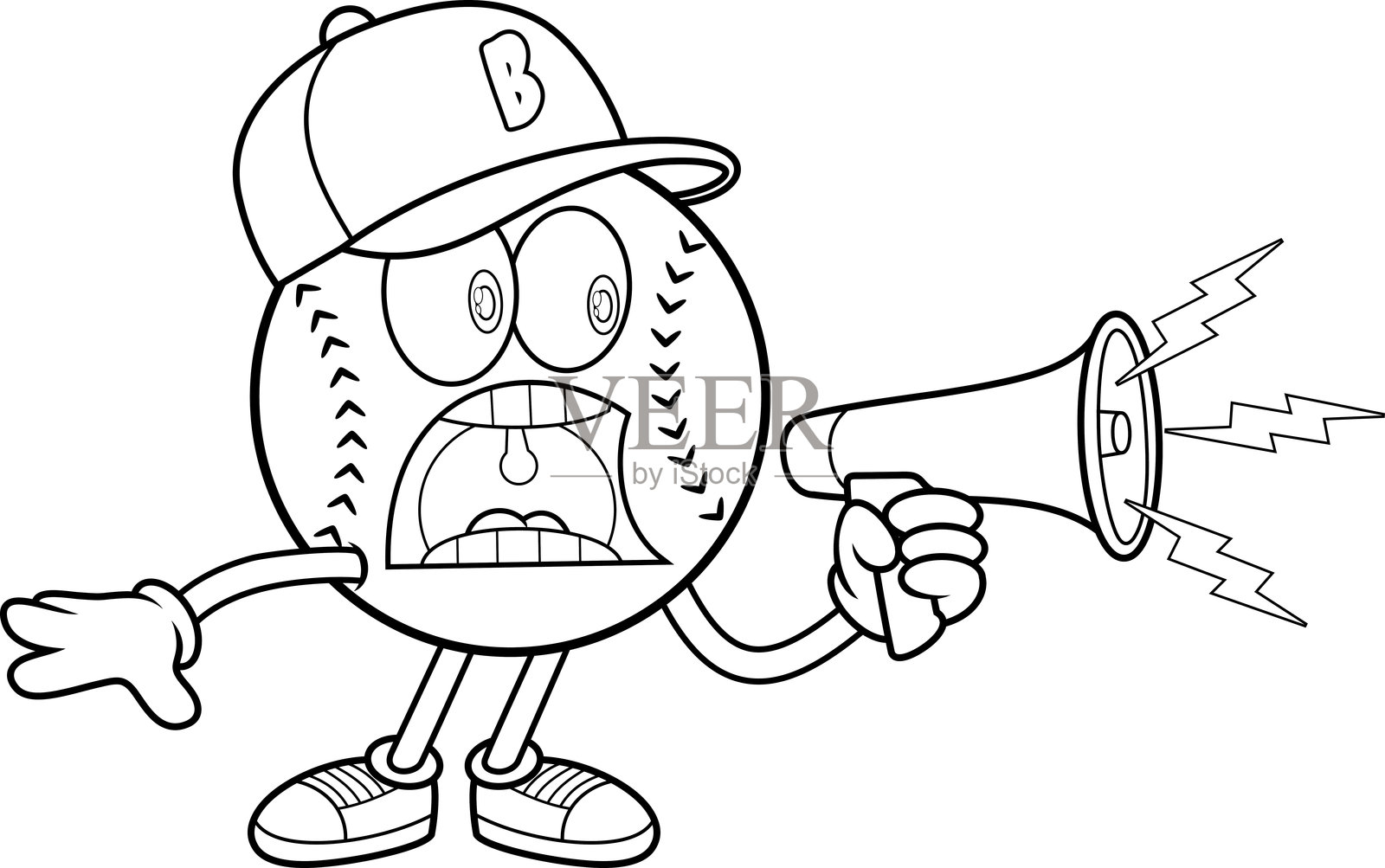 黑白色棒球卡通吉祥物角色，戴着帽子，拿着扩音器大喊插画图片素材