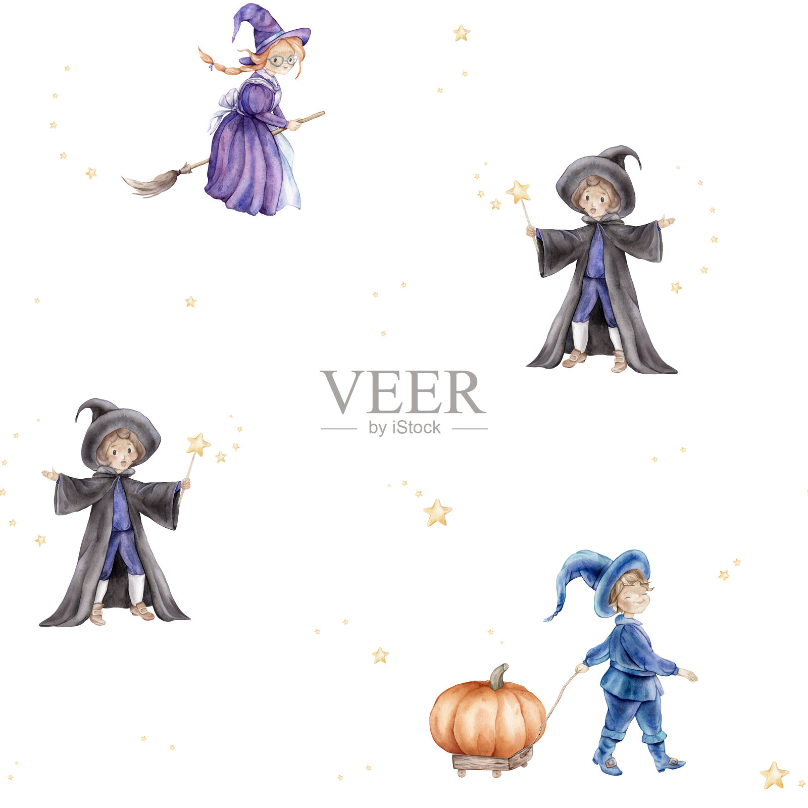 万圣节无缝图案，包含戴着帽子和斗篷的巫师、手持魔法棒的星星、骑着扫帚的仙女或女巫、南瓜和星星。手绘的幻想重复插图，适合儿童设计。插画图片素材