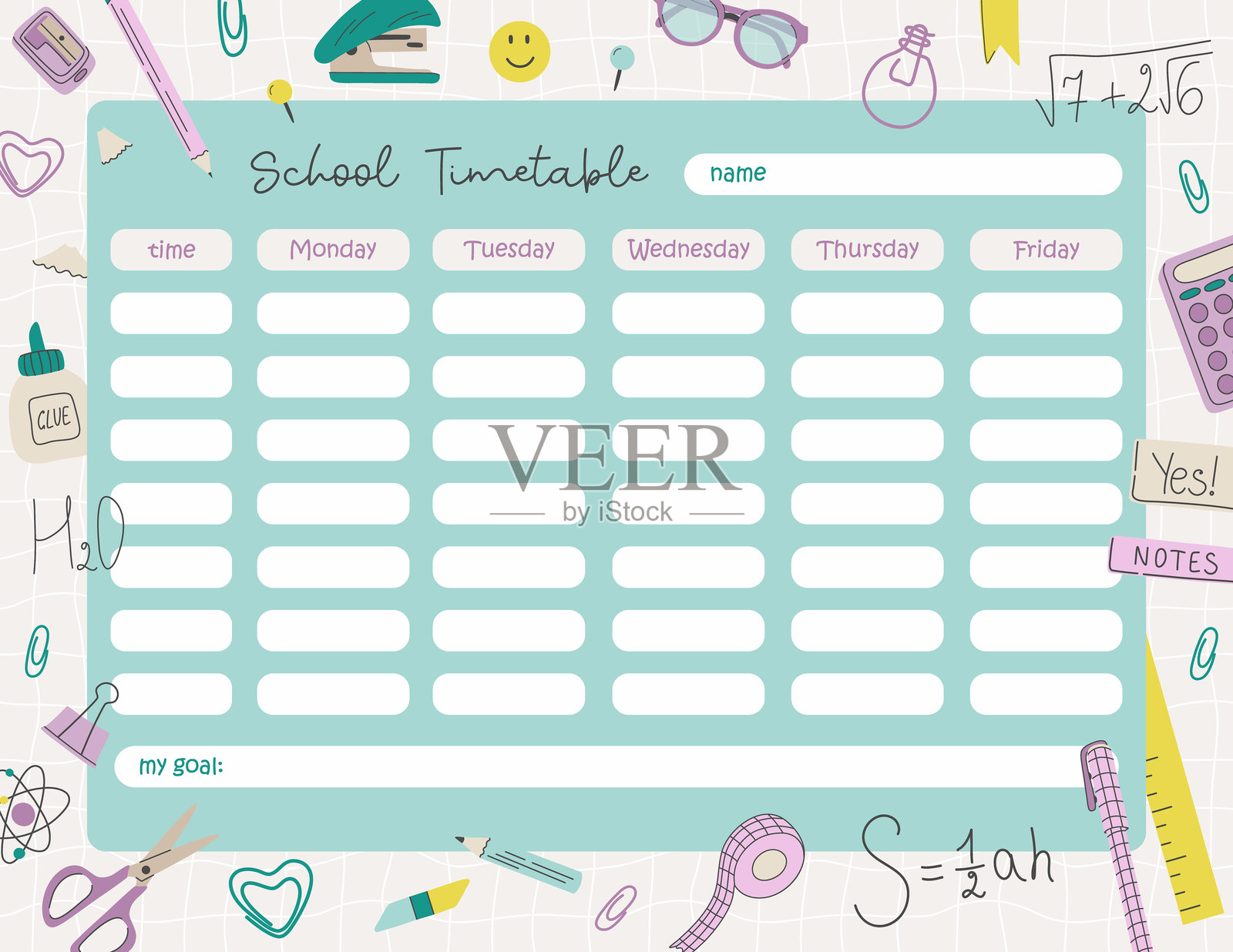 儿童学校时间表，可打印的学校日程安排。适用于小学学生的每周计划表。带有不同文具的网格背景的日程设计模板。插画图片素材