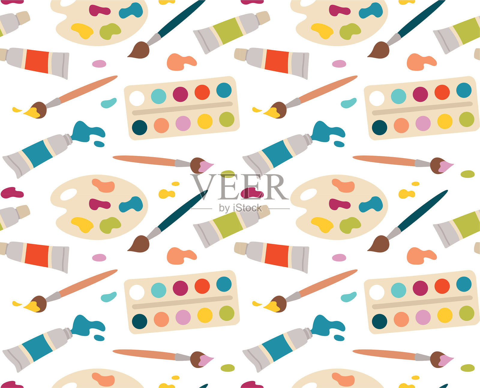 无缝图案，包含多彩的绘画材料和工具。插画图片素材