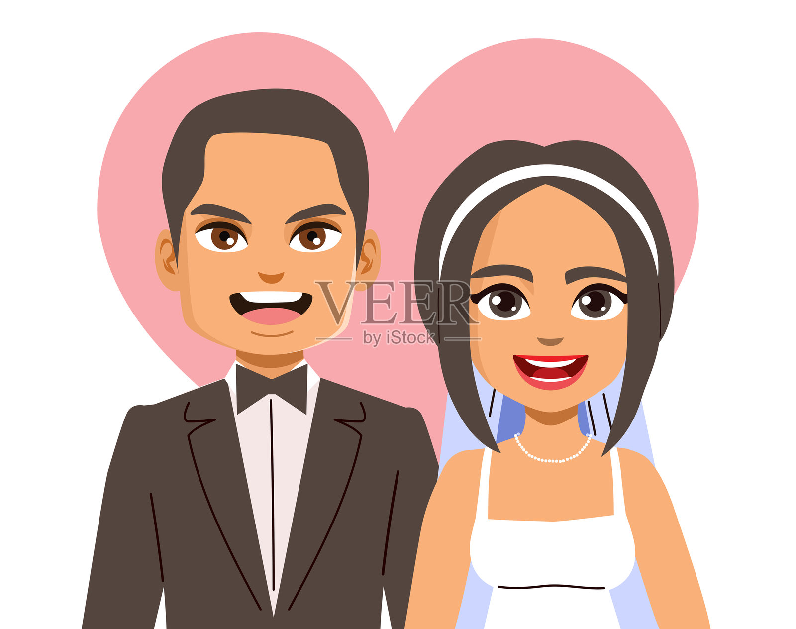 婚礼日卡通肖像，庆祝爱情的情侣插画图片素材