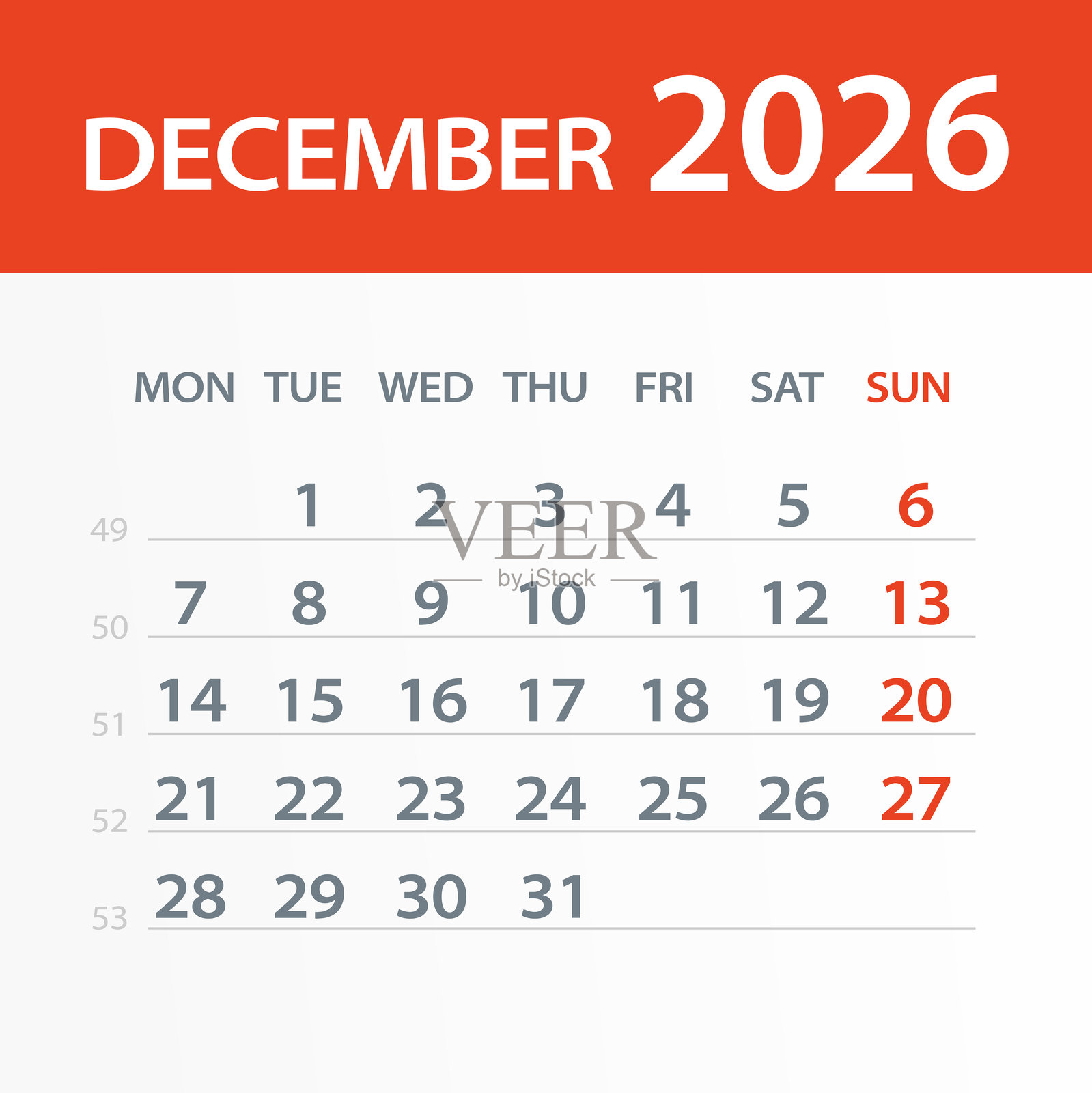 2026年12月日历叶 - 矢量插图。周一开始一周插画图片素材