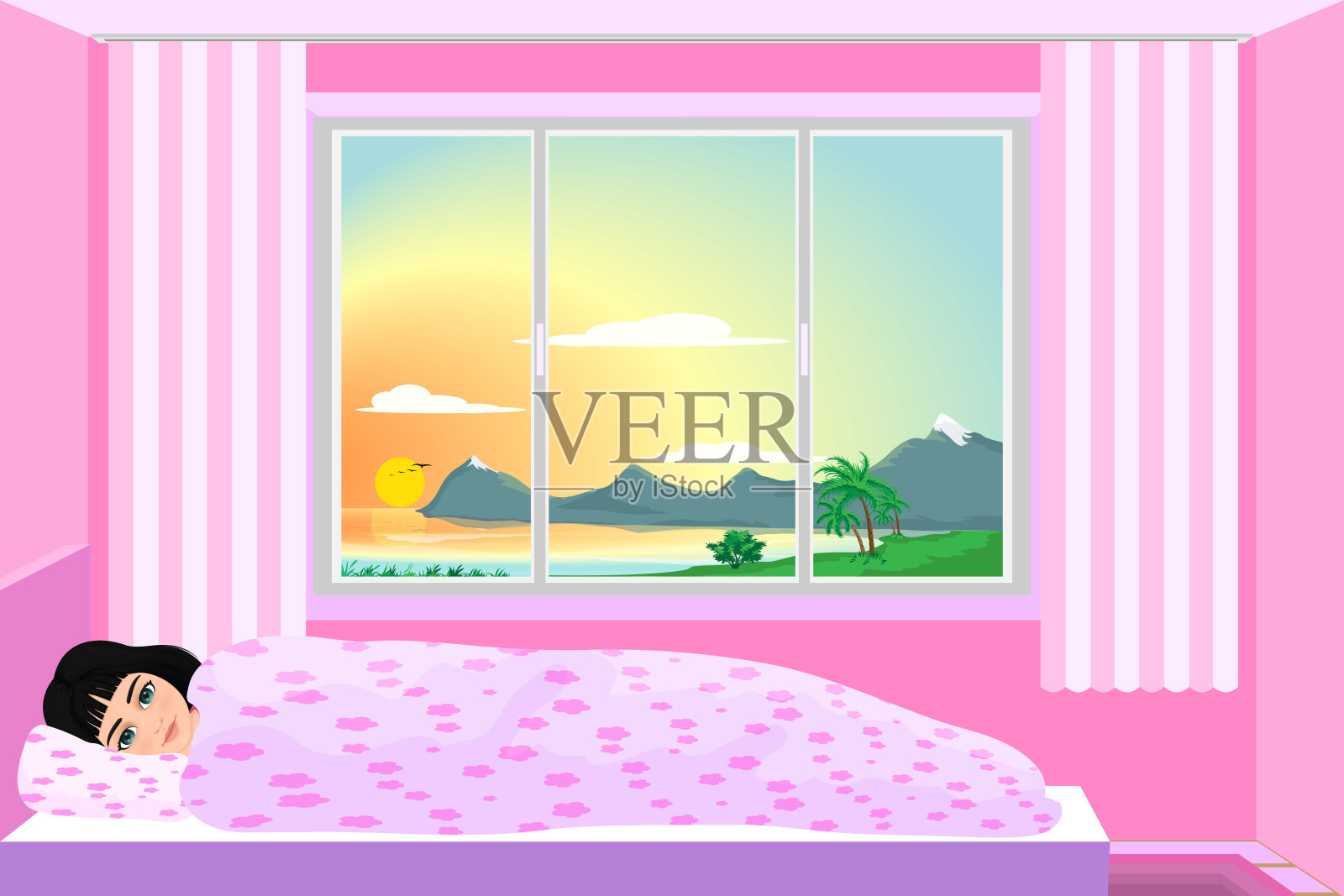 年轻女孩在床上醒来插画图片素材