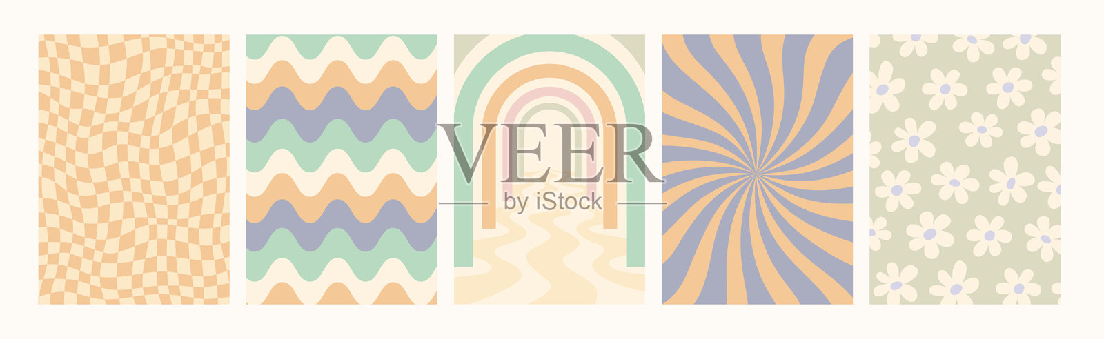 复古图案集。抽象迷幻的时髦背景，采用复古色彩。时尚扭曲的独特矢量纹理，呈现抽象的Y2K风格。适用于海报和艺术印刷的矢量图形。插画图片素材