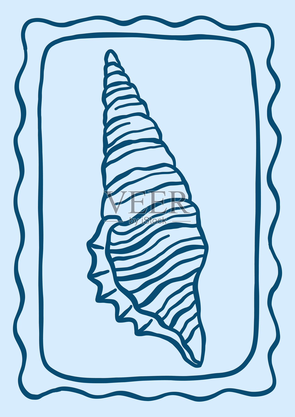 水下轮廓海螺矢量插图。极简复古海报设计，带有奇幻框架的海洋贝壳。插画图片素材