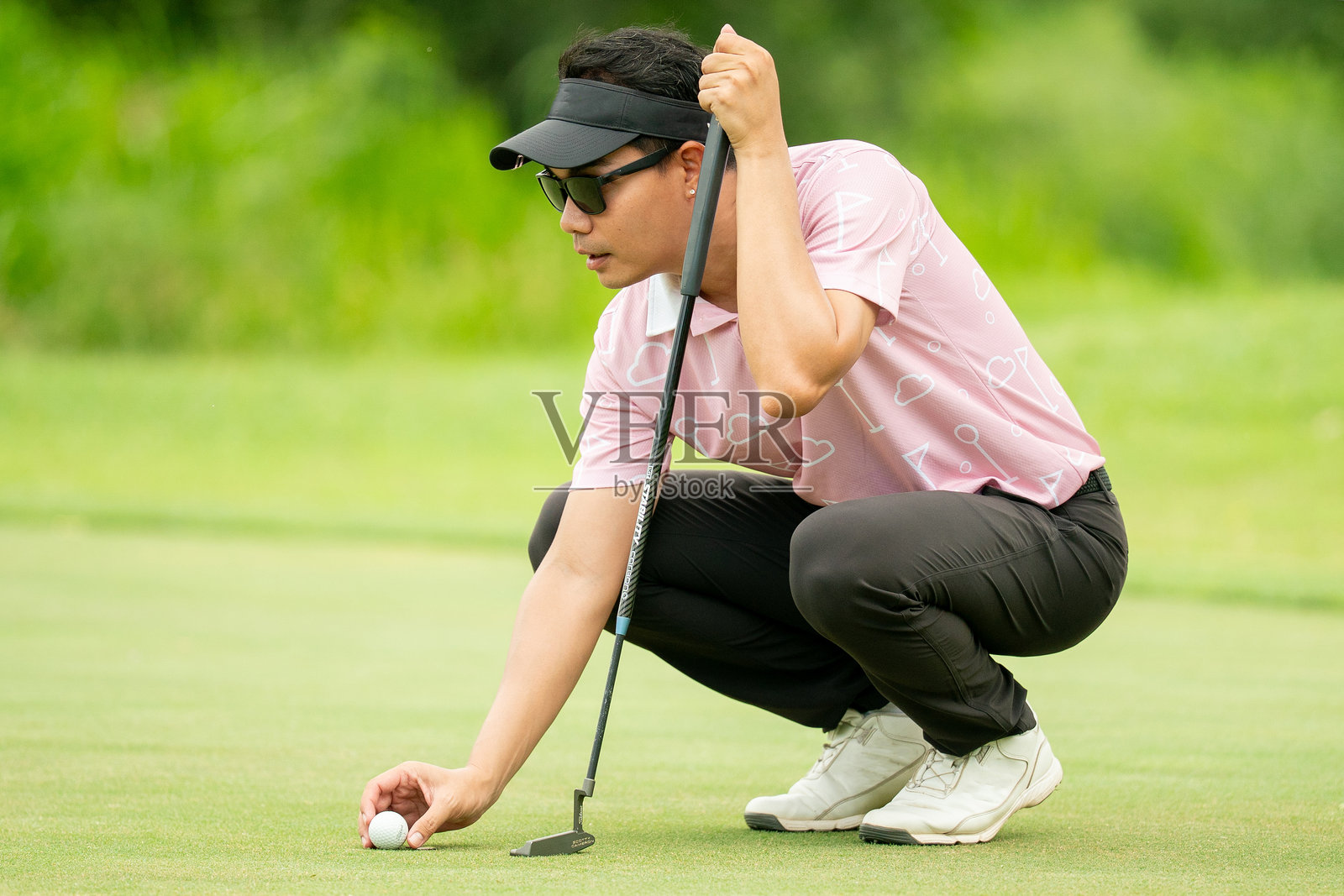 一个穿着粉色衬衫的男人正在弯腰捡起一个高尔夫球照片摄影图片