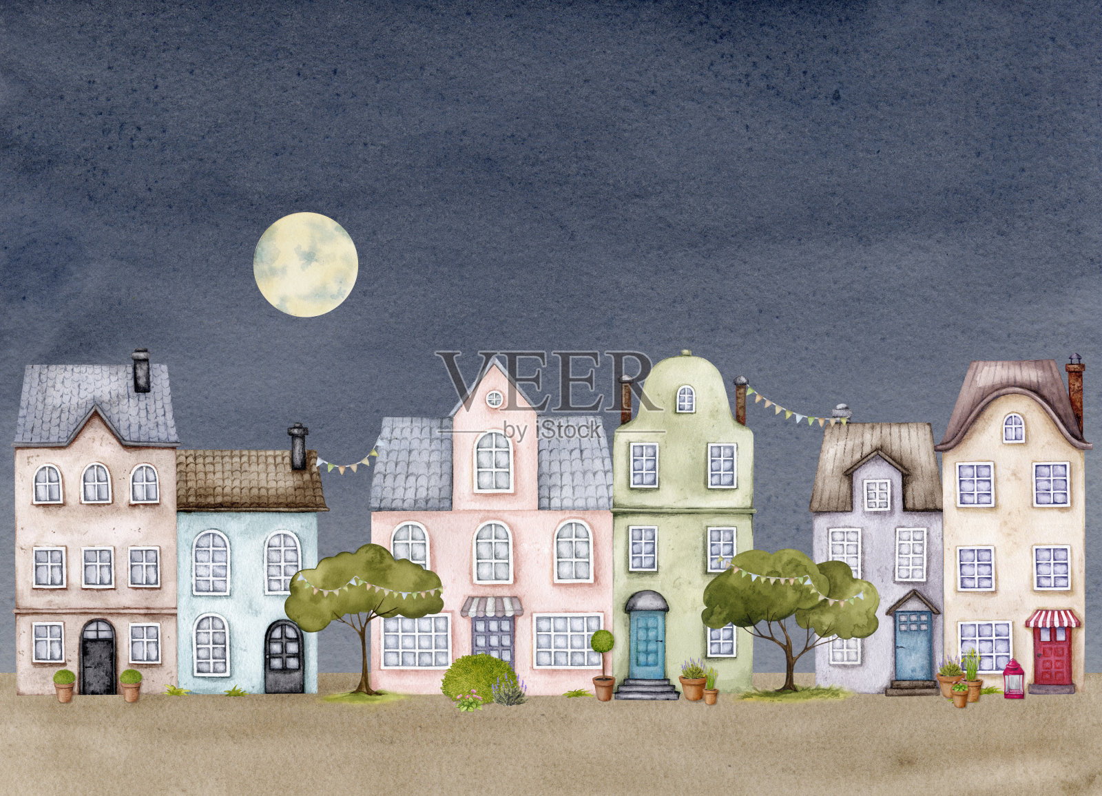 可爱的传统欧洲房屋。城市建筑在夜空下。老城区。手绘水彩插图。适合明信片、海报、书籍的现成构图。插画图片素材