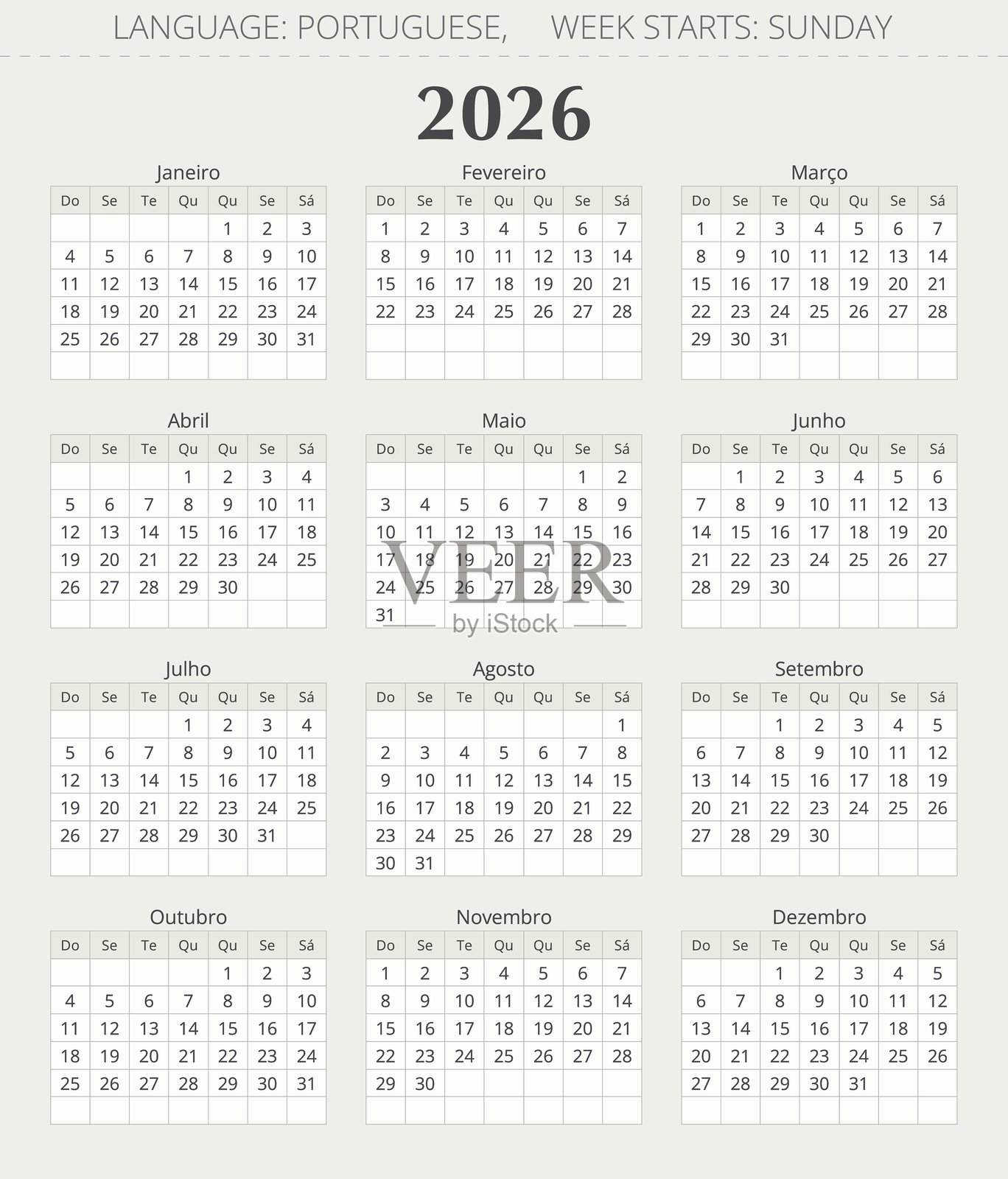 2026年葡萄牙日历。周日为一周的开始，矢量插图。插画图片素材