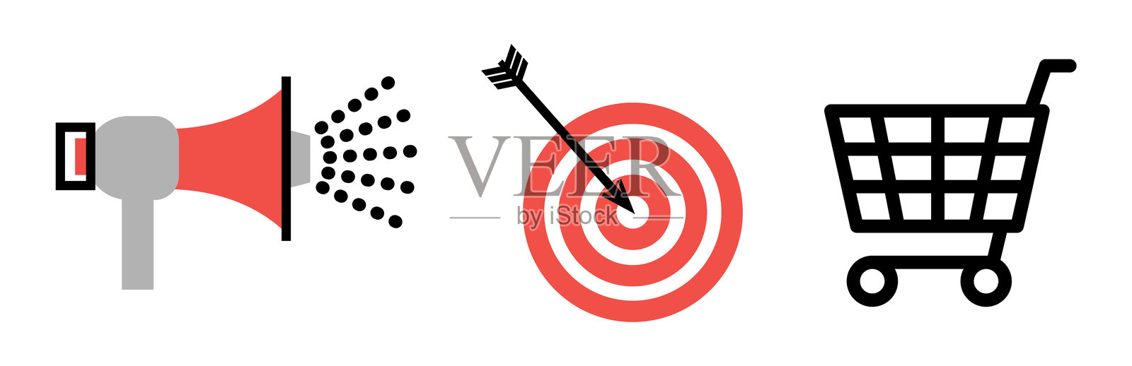 一组市场营销图标：扩音器、目标标志和购物车，透明背景，扁平线条设计，矢量插图插画图片素材