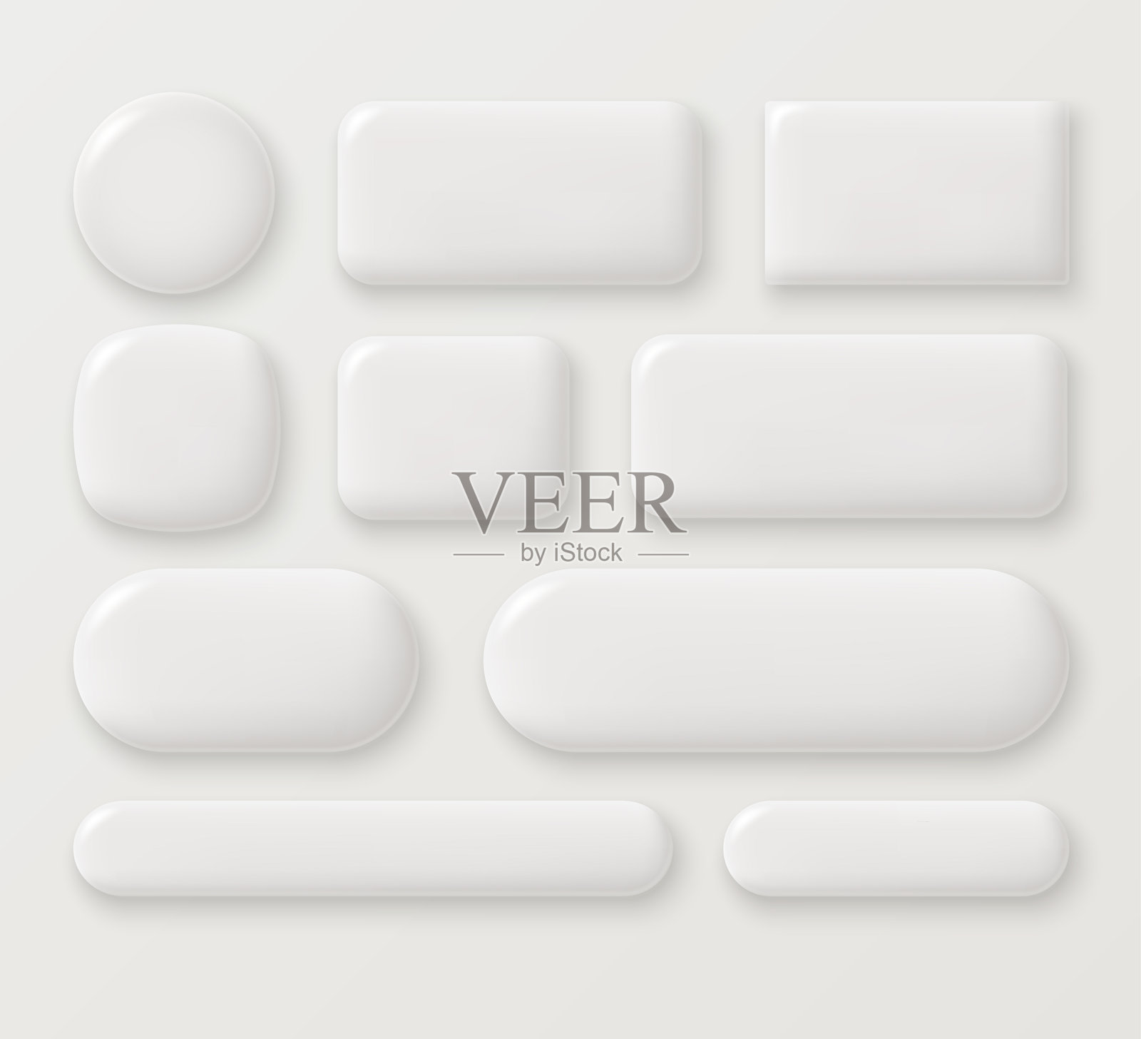 一组白色空白光滑单色按钮，具有不同形状的3D风格。圆形、方形和矩形图标或框架。矢量插图。插画图片素材