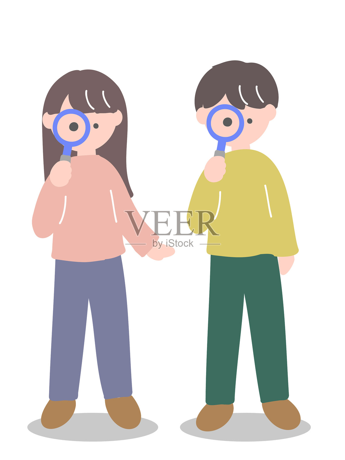 一幅可爱的插图，描绘了一位年轻男女穿着休闲服装通过放大镜观察事物。插画图片素材
