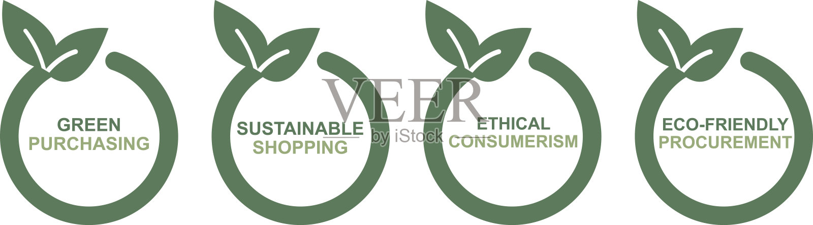 四个圆形环保商业概念徽章，带有叶子设计，展示绿色采购和可持续购物。插画图片素材