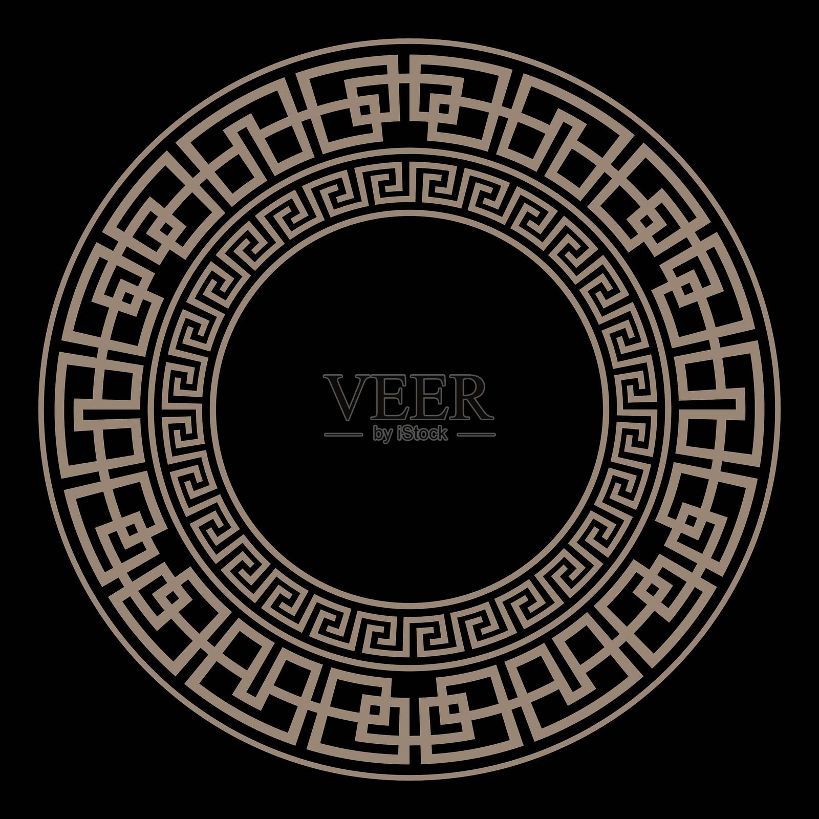 带有希腊钥匙和回纹的装饰性金色圆形框架。埃及、亚述、希腊图案的圆形框架。圆形框架。用于纺织品、雕刻、锻造、刺绣、瓷器的模板。插画图片素材