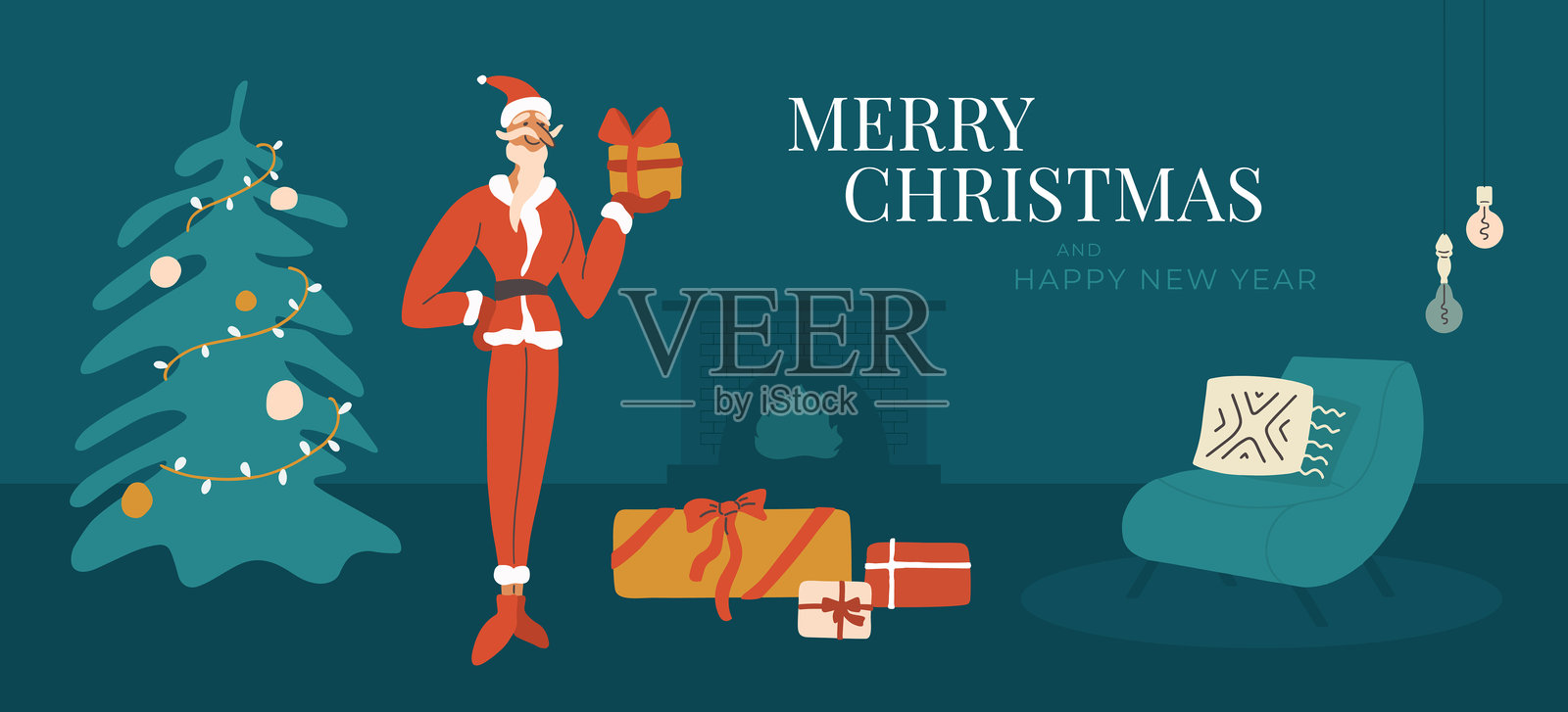 圣诞快乐和新年快乐的贺卡插图，描绘了圣诞老人手持礼物，站在装饰有圣诞树和壁炉的客厅里。插画图片素材