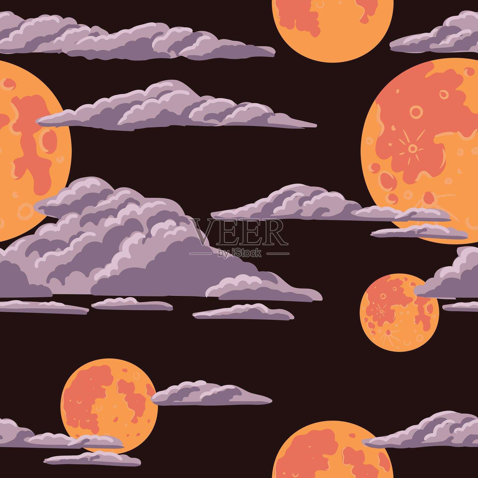 带有云朵和月亮的无缝矢量图案插画图片素材