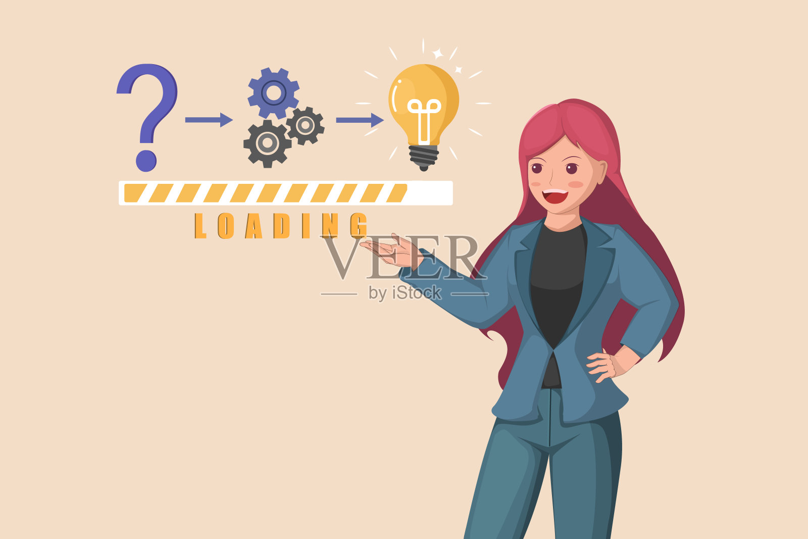 解决问题的过程：女性解释齿轮，灵感闪现的灯泡与加载条插画图片素材