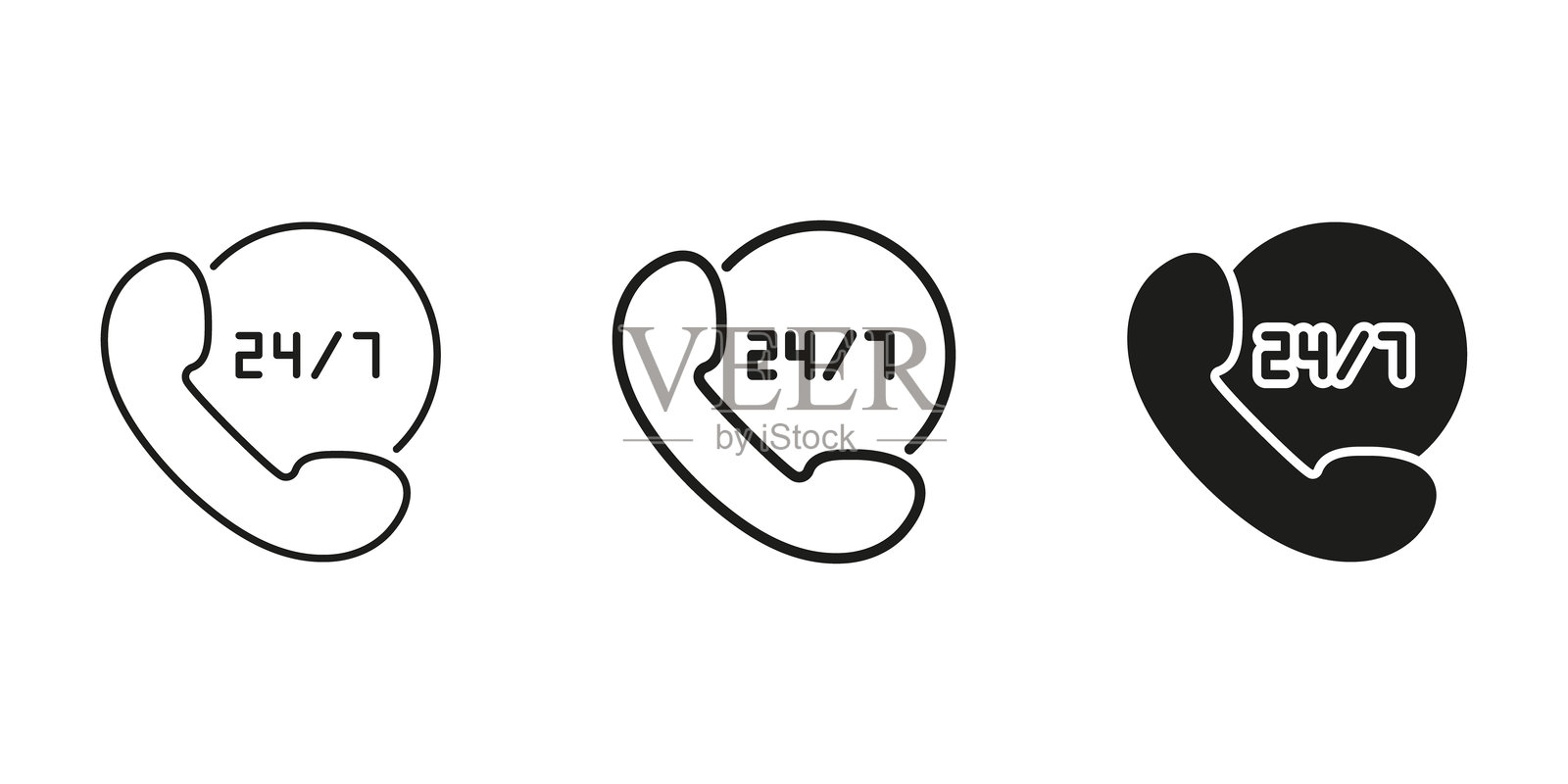 24小时客户支持电话图标集。全天候服务与协助的轮廓和剪影符号集合。沟通与热线可用性。孤立的矢量插图。插画图片素材