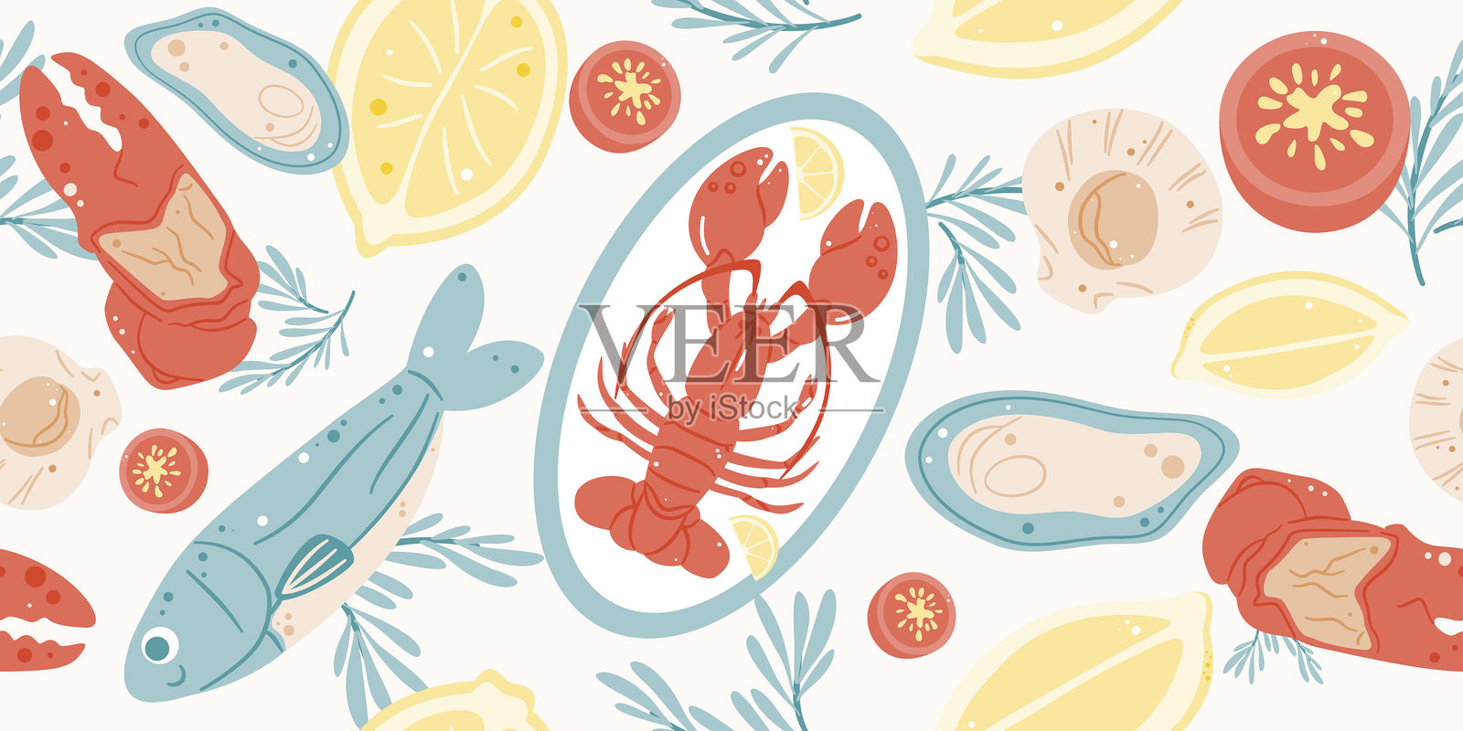 无缝海鲜背景图案，包含龙虾、鱼、柠檬和香草。地中海夏季厨房设计，适用于菜单或横幅。插画图片素材