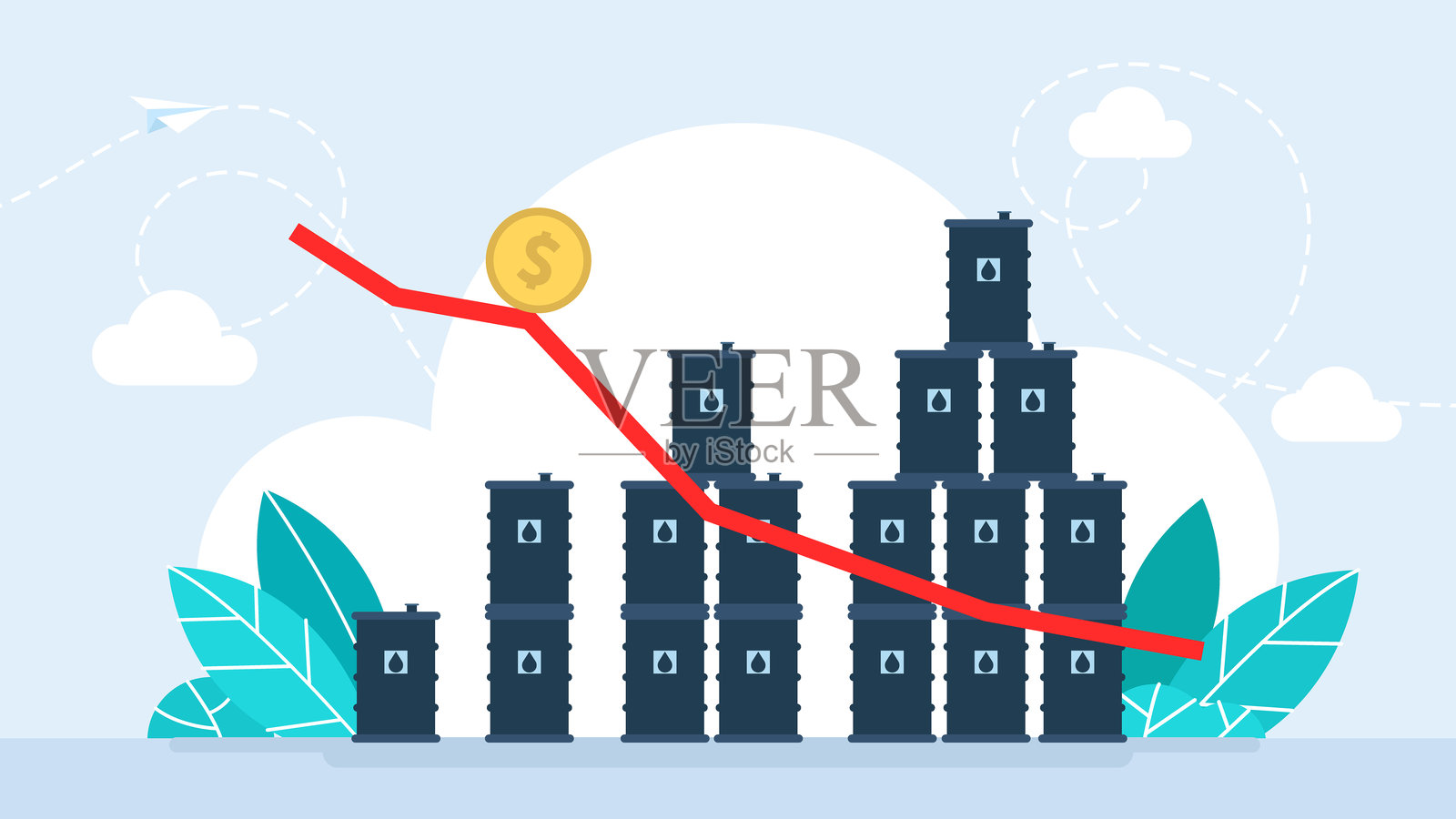 油价下跌图表概念横幅，带有箭头。商业市场。油桶价格下跌图表。石油信息图。油市趋势。矢量插图。插画图片素材
