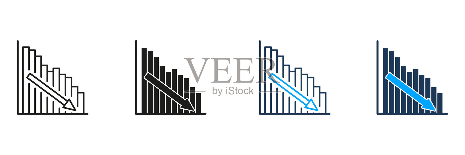 下降的柱状图，带有向下箭头线和实心图标集。财务损失、经济衰退和商业下滑符号集合。风险评估。孤立的矢量插图。插画图片素材