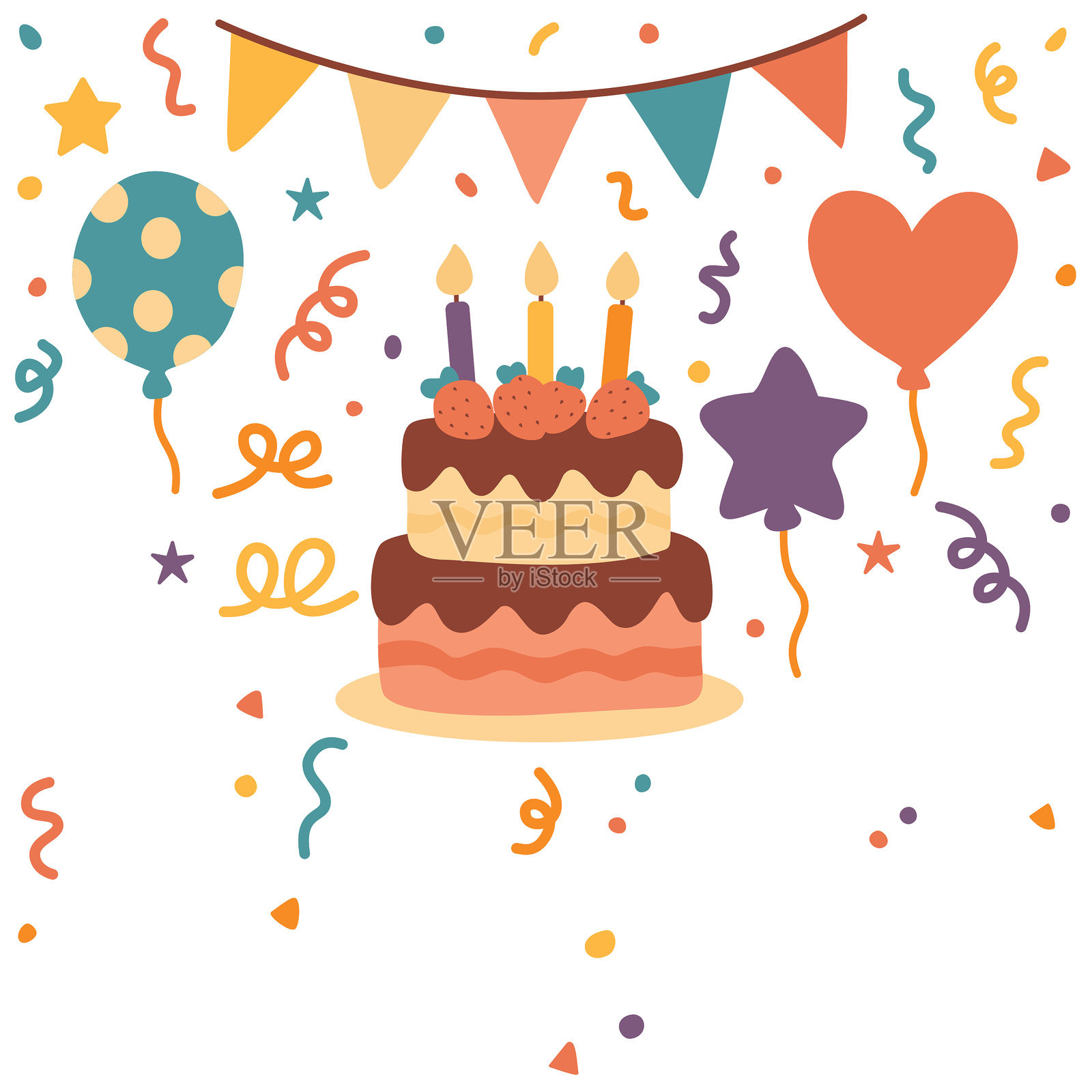 可爱的生日蛋糕，上面有糖霜、彩色糖屑和一根蜡烛。插画图片素材