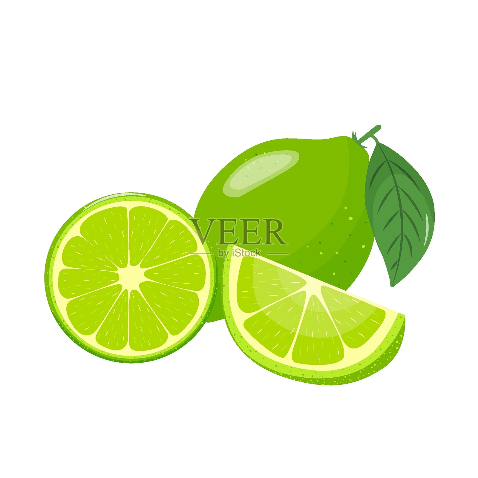 青柠图标集。明亮的整果、半果、切片和叶子。健康食品、甜点和柠檬水。春夏设计元素。矢量插图。插画图片素材