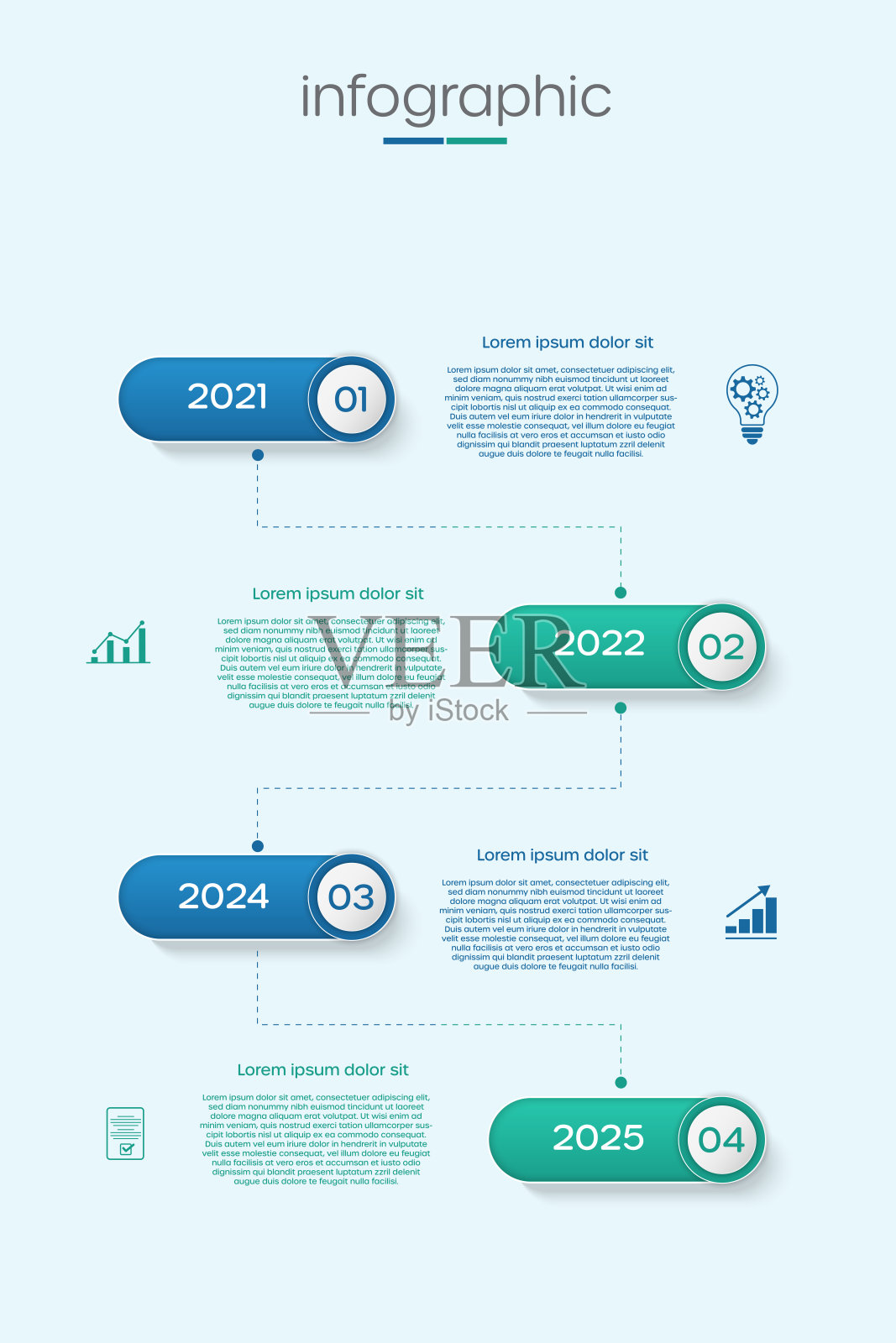 带有4个步骤和现代图标的垂直时间线信息图模板。用于战略规划、项目管理或网站展示的业务流程工作流程图。插画图片素材