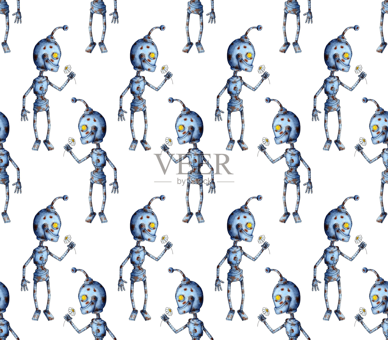 水彩画图案可爱的机器人。一台老旧的拆解机器人。无缝重复的机械设备印刷。儿童设计插图。背景为白色。手绘。插画图片素材