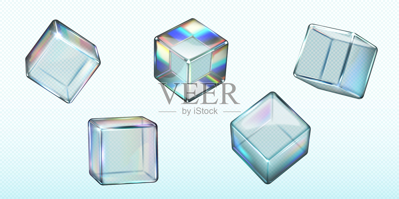 3D透明光泽水晶立方体，带有全息色散效果的矢量集，渲染彩虹色反射玻璃插画图片素材