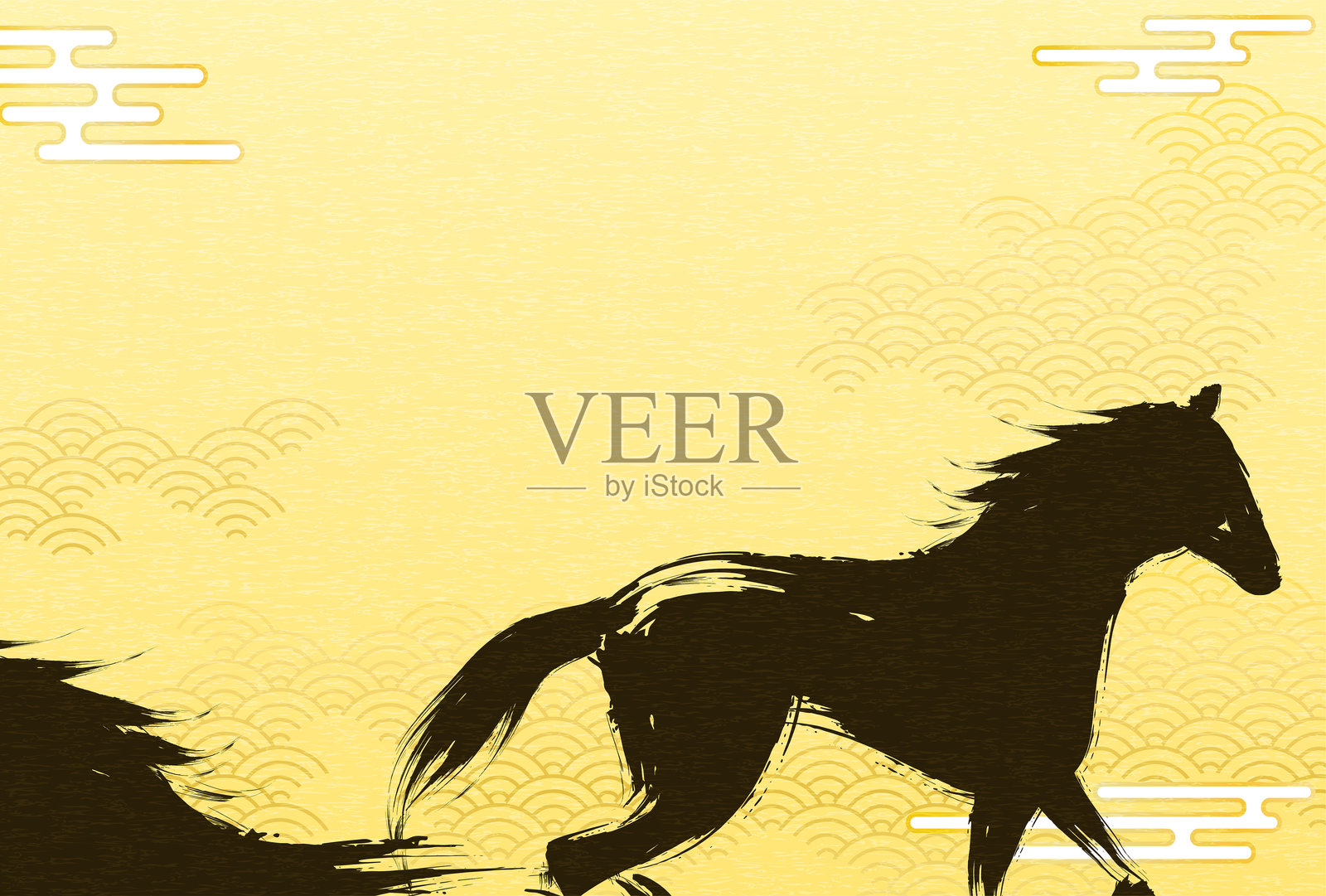 2026年马年贺卡，背景为日本图案，两匹马相伴插画图片素材